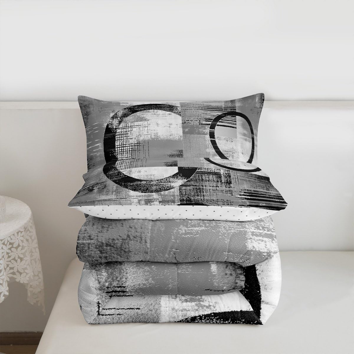 Feelyou Abstract Kids Comforter Set Full Size Modern Abstract Art Bedding Set Geometric Duvet Quilt for Kids Boys Girls Bedroom Luxury Decor Gray Ultra Soft