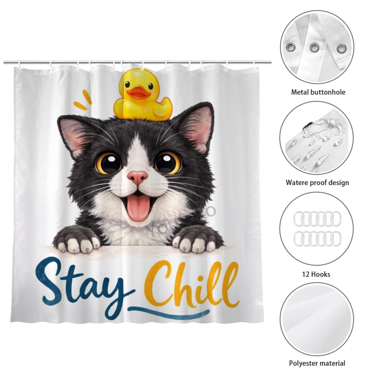 Youtoko Shower Curtain Stay Chill Tuxedo Cat Bathroom Decor 72x72 Inch with 12 Hooks Cute Farm Animal Rubber Duck Quote Waterproof Washable Polyester