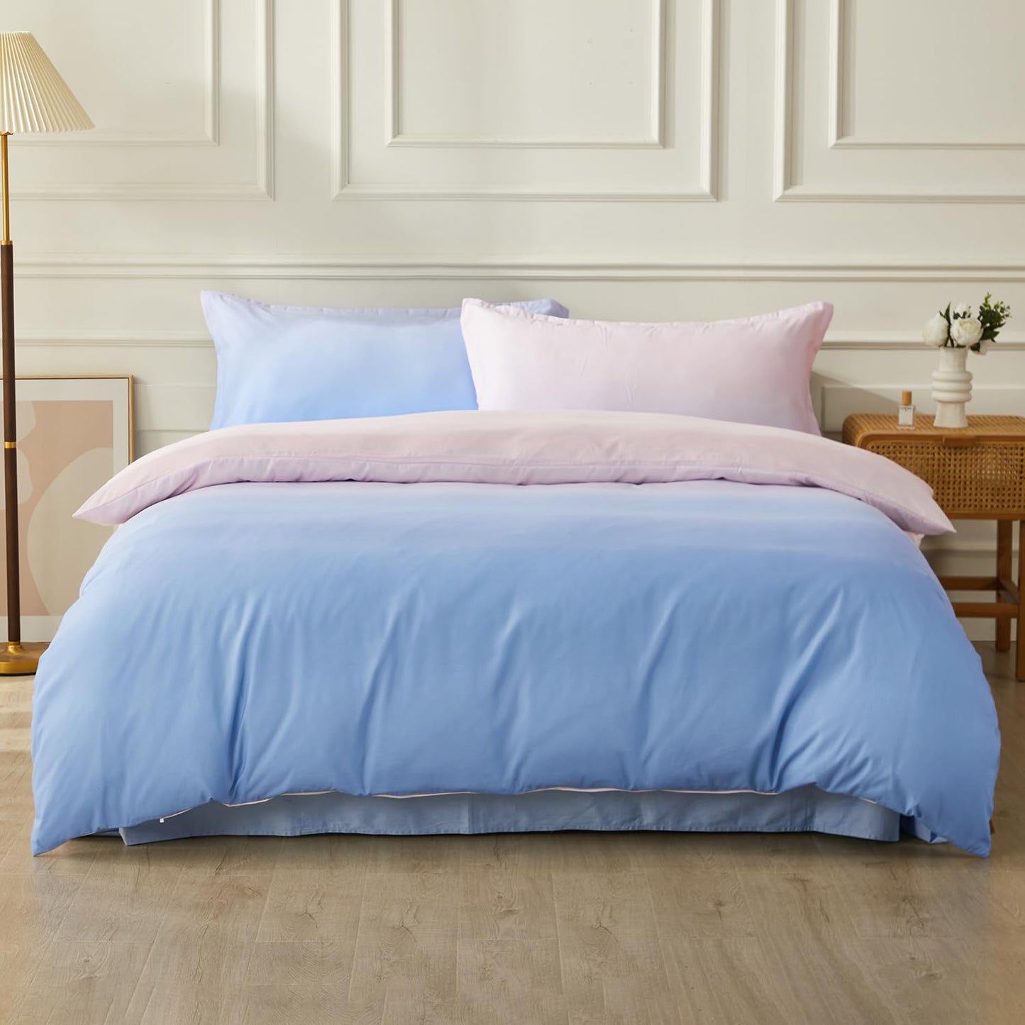 SAPHREAS Full Size Duvet Cover Blue Pink Gradient Bedding Set with 8 Corner Ties and 2 Pillow Sham Microfiber Reversible Duvet Cover Set with Zipper Closure