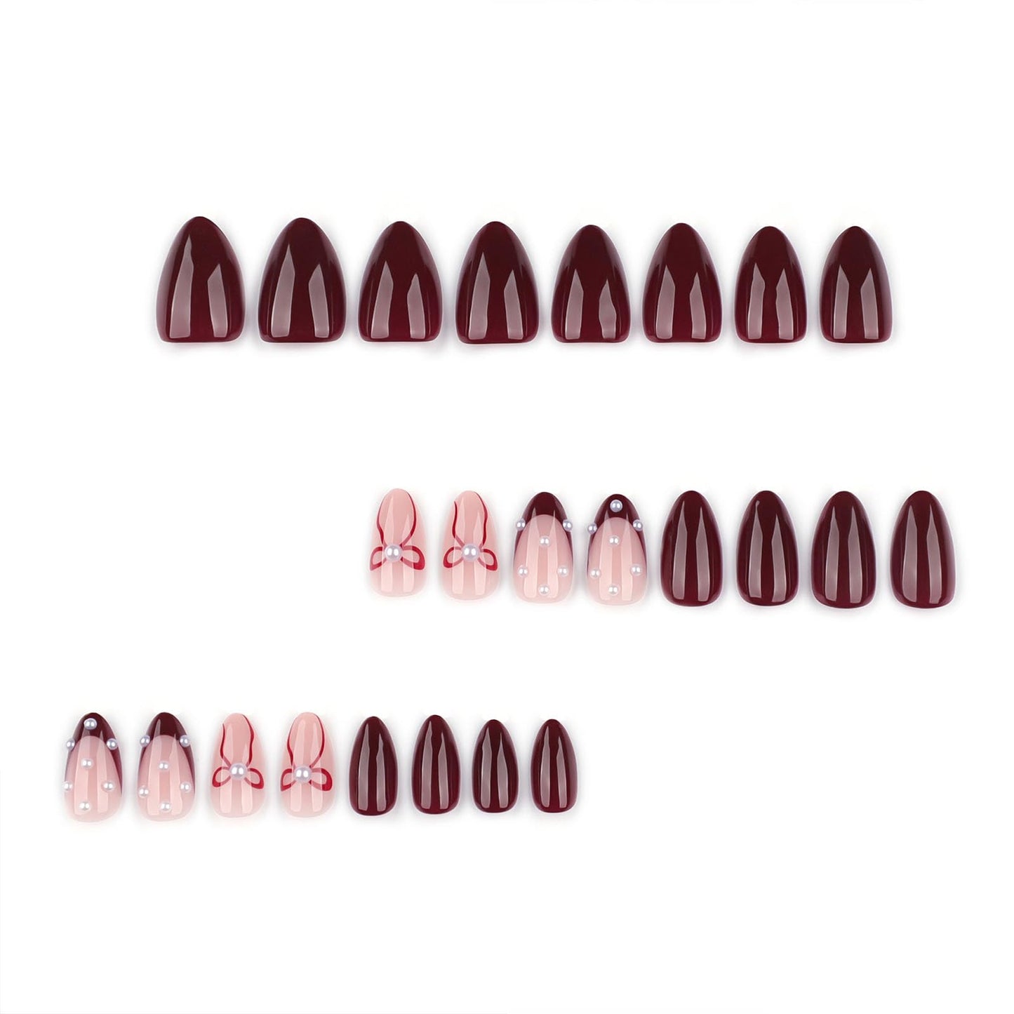French Tip Press on Nails Short Almond Fake Nails Wine Red Rhinestone Bow Design Stick on Nails Full Cover Reusable Glue on Nail Women Manicure 24Pcs