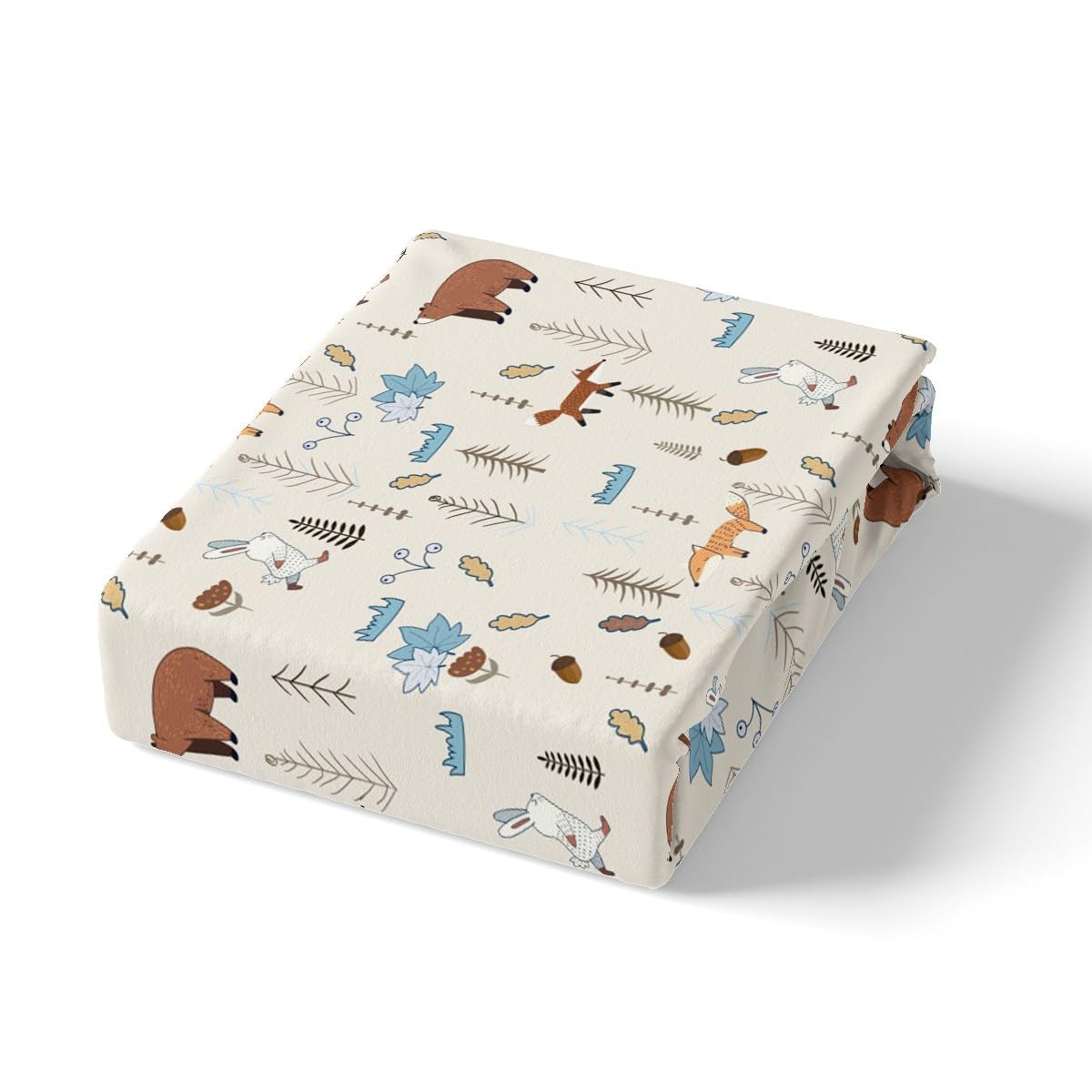 Kids Bear Fox Fitted Sheet Twin Size Cartoon Rabbit Pine Trees Bedding Set 2Pcs,Girls Boys Teens Jungle Adventure Hunt Animals Bed Sheet Room Decor Rustic Beige Deep Pocket Sheet,1 Pillowcase