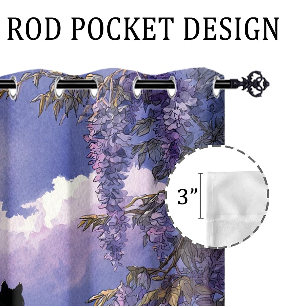 XSUPFLYM Cute Realistic Black Cat Window Thermal Curtain Rustic Full Moon Night Japanese Animal Black Cat Plant Lilac Floral Blackout Curtains for Bedroom 2 Panels Each.Each 21" W x 45" L