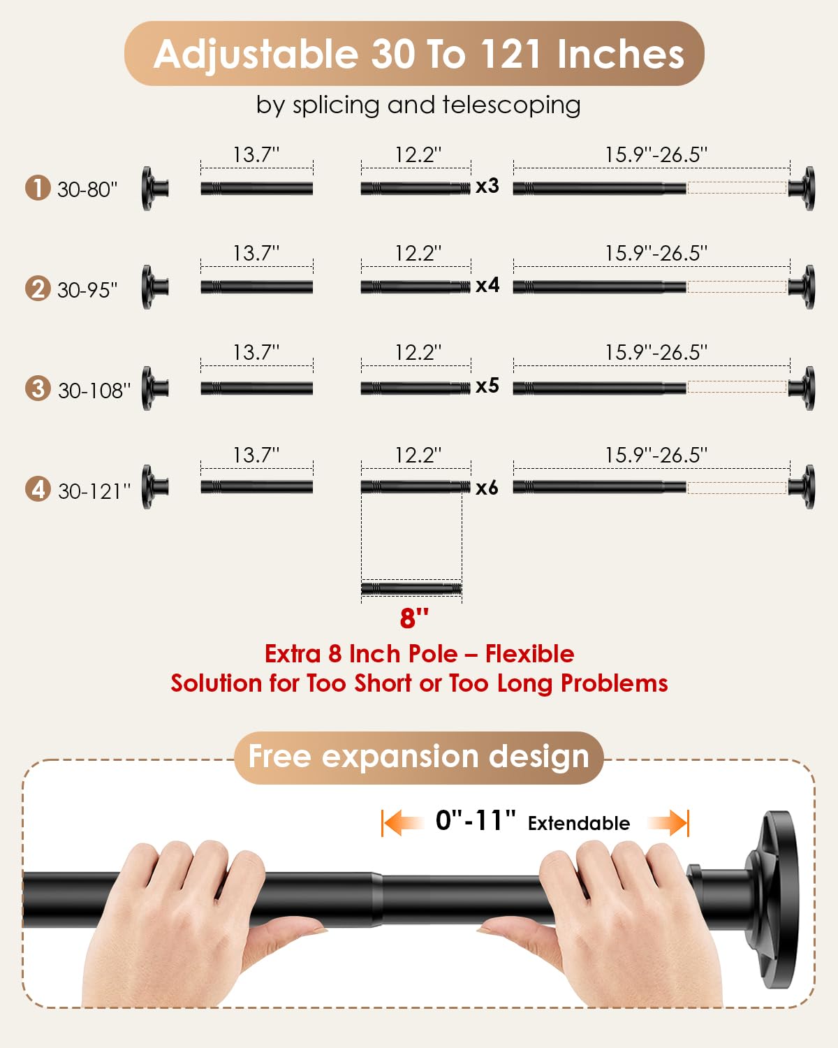 Outdoor Curtain Rod 30-96 in (8ft) No Drilling Adjustable Tension Black Shower Curtain Rod 1.1" Diameter Stainless Steel, Rustproof Heavy Duty, Room Divider for Bathroom Window Patio Closet