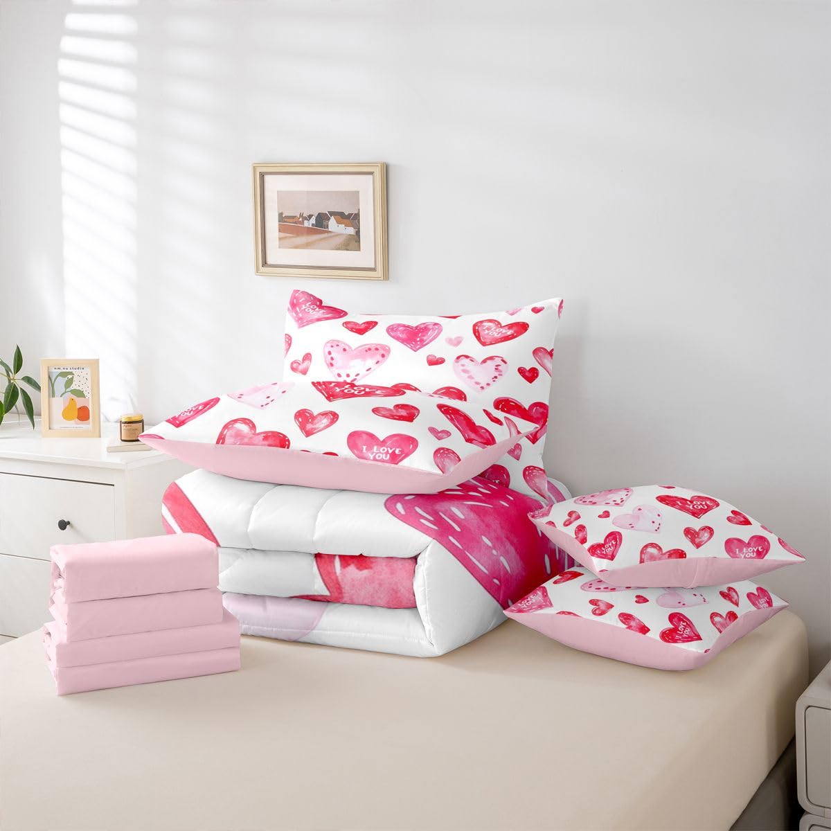 Erosebridal Princess Pink Love Comforter Sets with Sheets - Cute Heart Printed Bedding Set Full for Boys Girls Valentines Day Themed 7Pcs Bed in A Bag Romance Gifts Bed Set