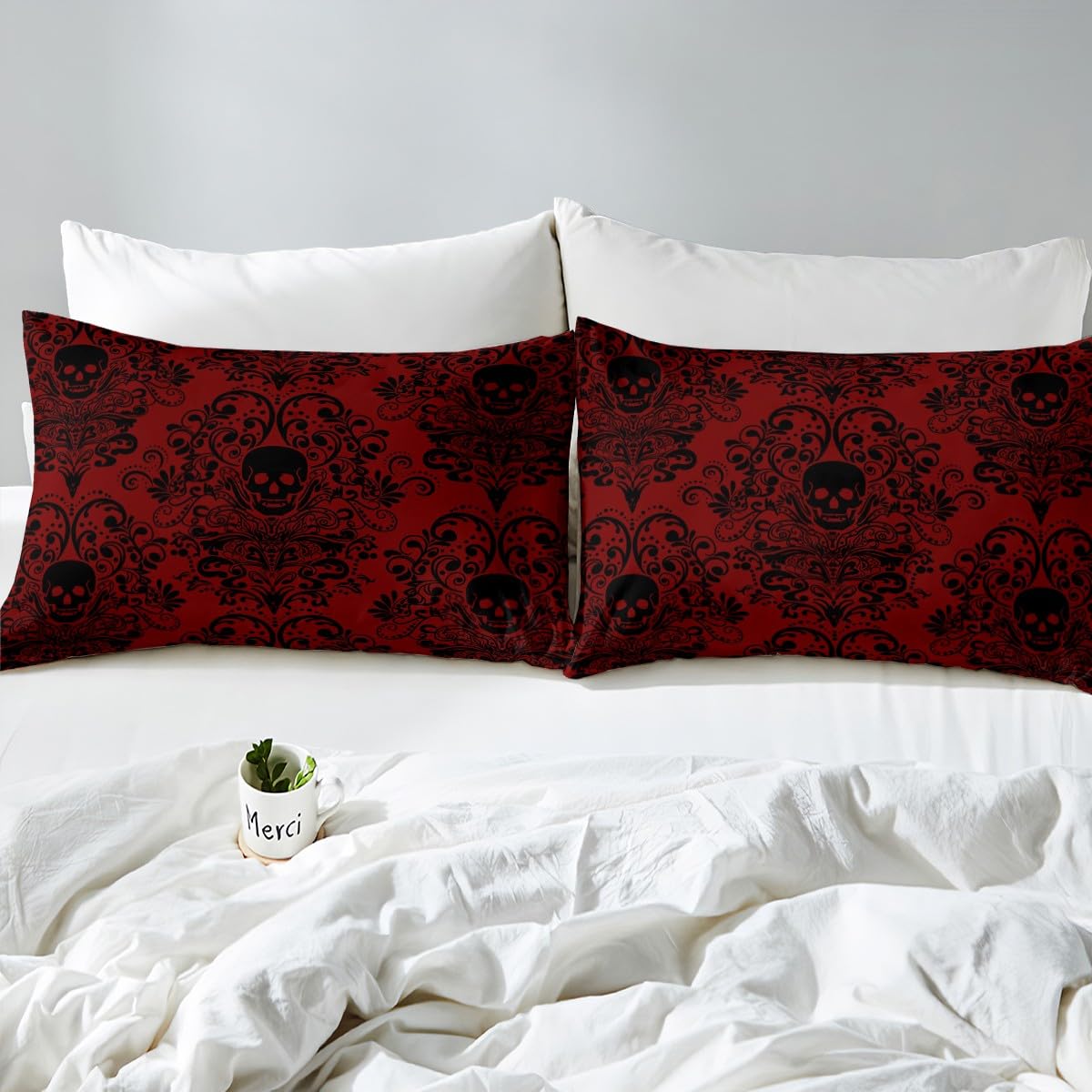 Feelyou Gothic Skull Bed Sheets Set Full Size Damask Print Bed Set Goth Bohemian Deep Pocket Fitted Sheet Black Red Breathable Soft Lightweight Microfiber