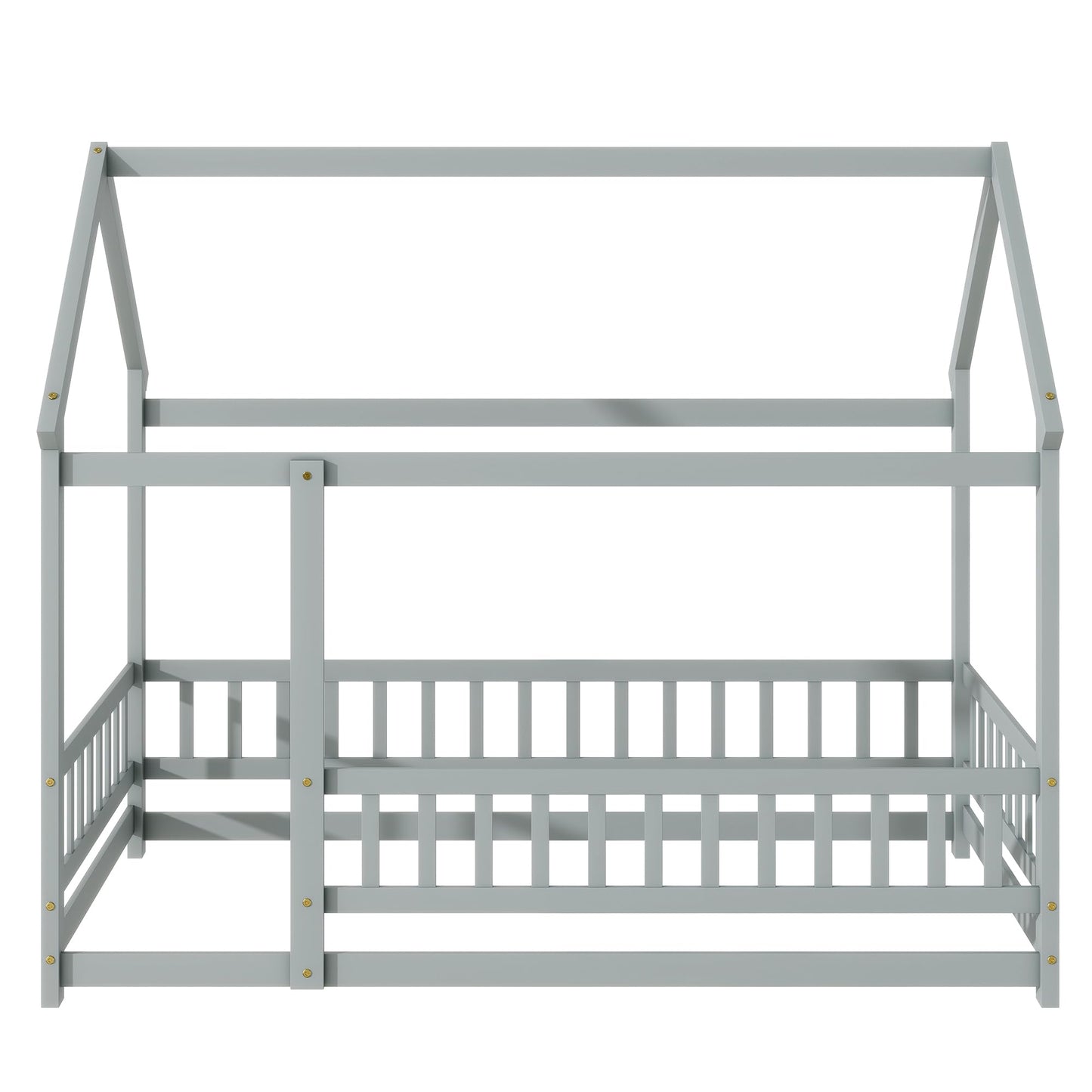 PVWIIK Twin Montessori Floor Bed with High Rails & Roof for Kids Bedroom,High Rails Bed Frame with Fence,No Box Spring Needed, Grey