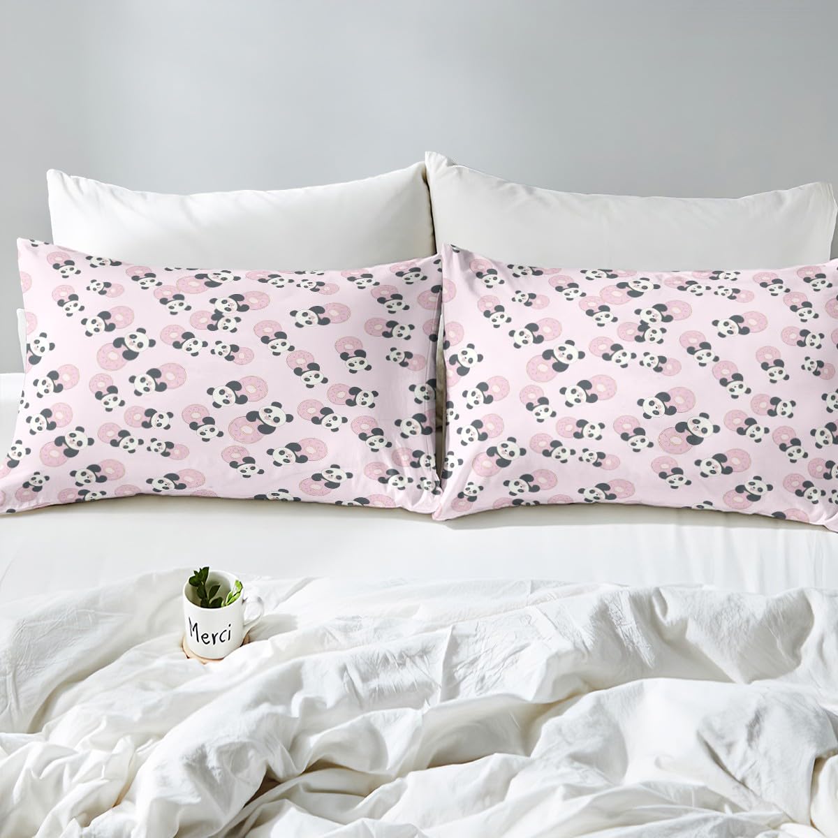 Donuts Fitted Sheet Panda Bedding Set for Kids Boys Girls Teens Decor Cute Panda Bear Printed Bed Sheet Set Whimsical Dessert Print Bed Cover No Flat Sheet 2Pcs Twin Size