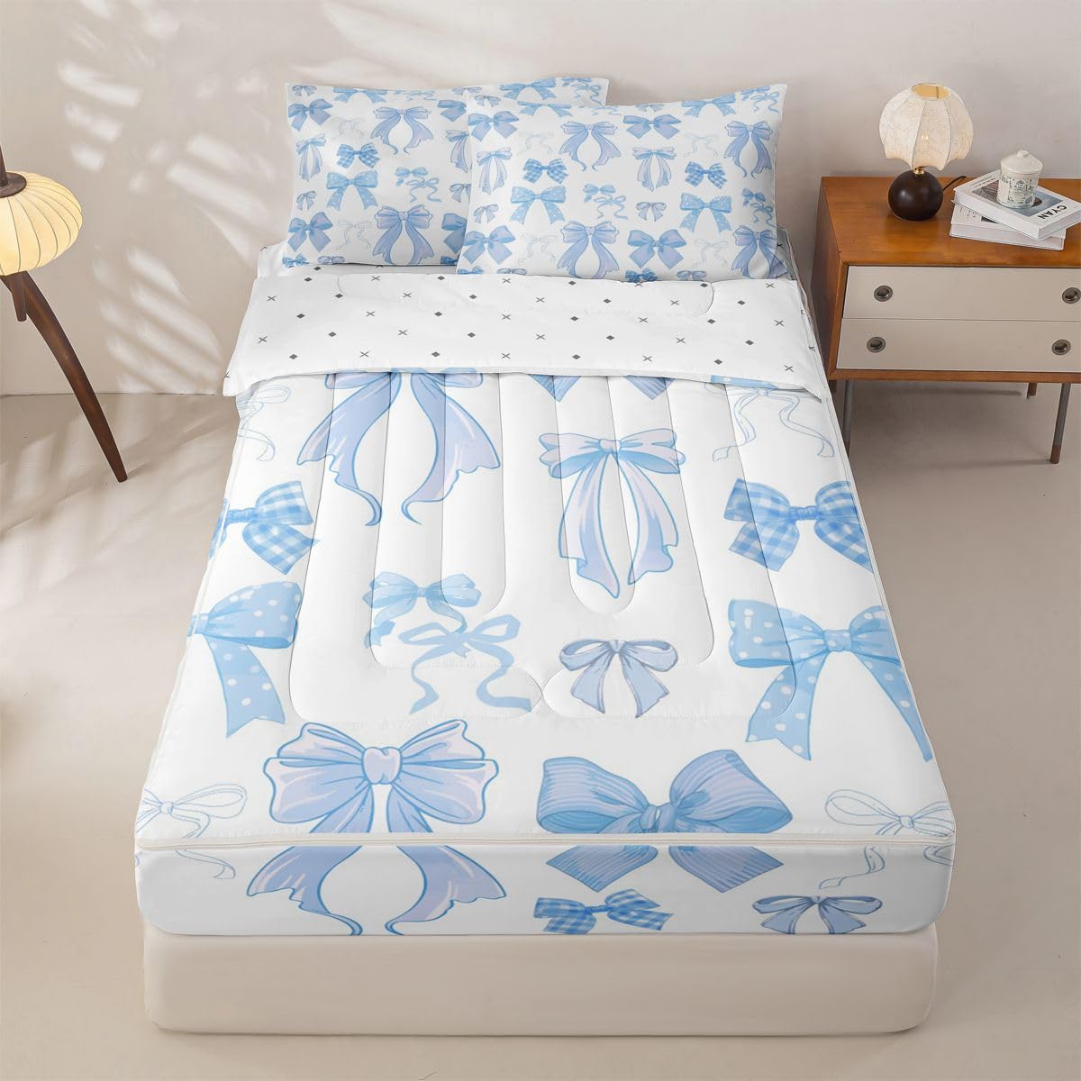 Erosebridal Ribbon Bow Zippered Bedding Set Full Blue Bowknot Comforter Set Coquette Kawaii Checkered Striped Bowtie Bed in a Bag Polka Dots Princess Blue Zipper Quilt Fitted Sheet,2 Pillowcases