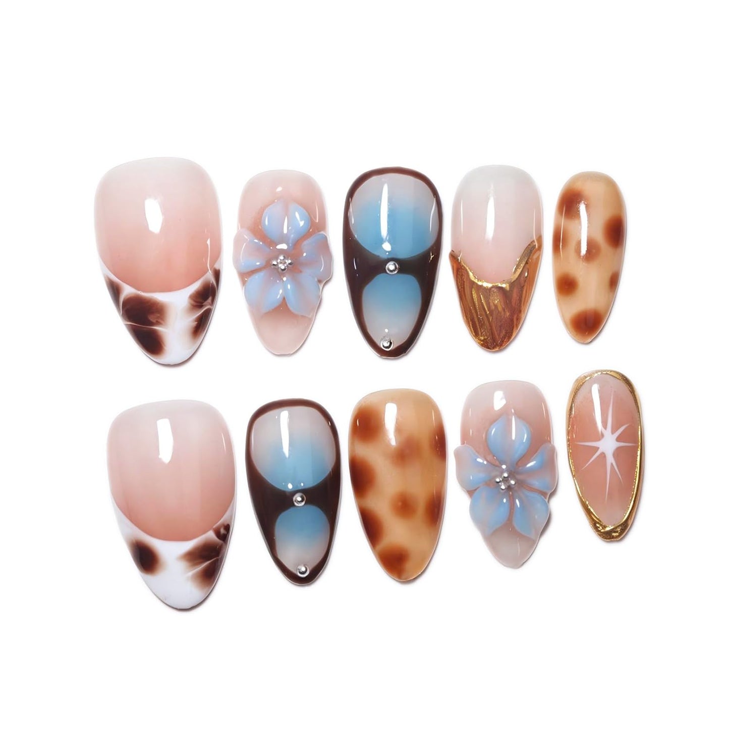 EasierGlow 10 Pcs Handmade Short Almond Press On Nails - Easy Apply & Remove, Reusable Salon Quality | Y2K Tortoise Shell Press Ons with 3D Flower, Starburst & Gold Foil Accents(UO10, S)