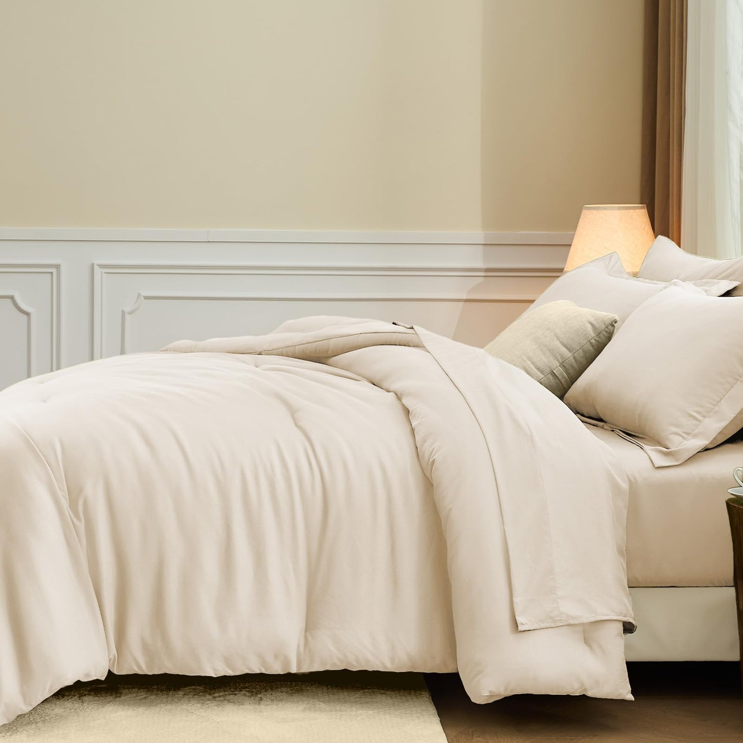 FUANNA King Size Comforter Sets Beige, 7 Pieces Soft Bedding Set, All Season Lightweight Bed in a Bag with Comforter, Flat Sheet, Fitted Sheet, Pillowcases & Shams