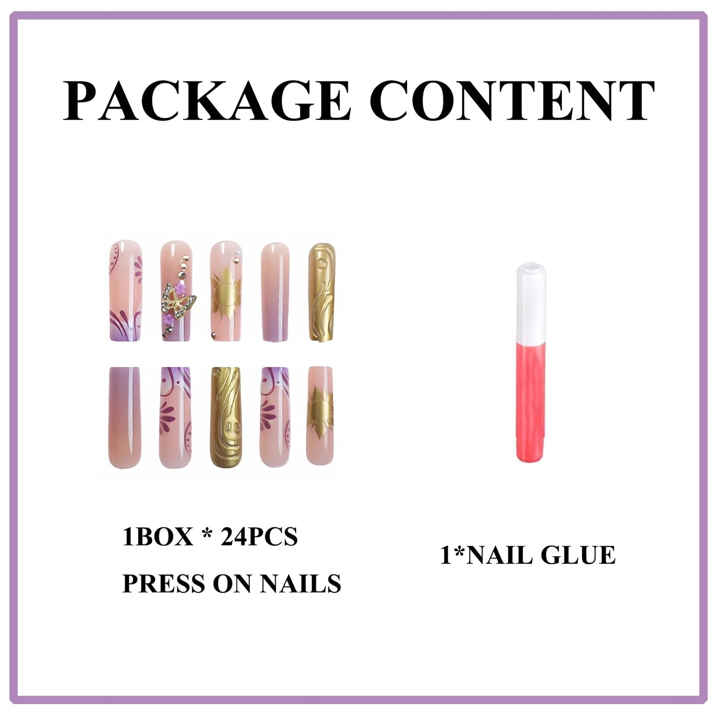 MERVF Press on Nails Long Square Purple Ombre French Tip Fake Nails Glue ons Acrylic Nail Gold Sun Luxury 3D Butterfly Design Handmade Glossy 24pcs