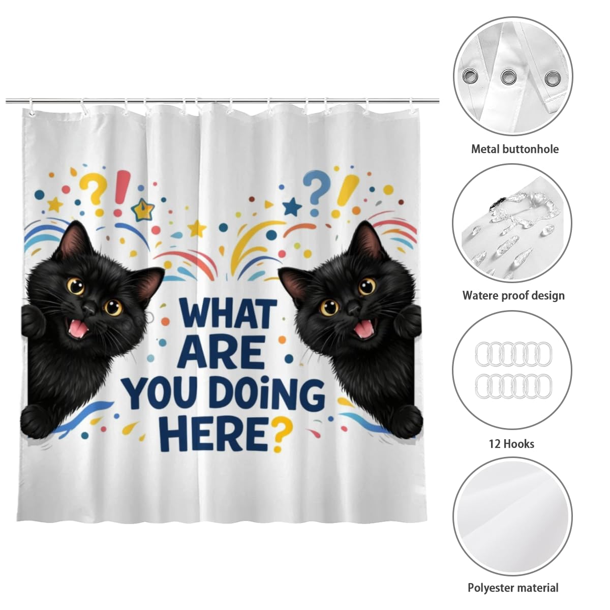 LFINKARTGOGO Funny Black Cat Shower Curtain 72x72 with 12 Hooks What are You Doing Here Waterproof Washable Polyester Bath Curtain for Home Hotel Decor