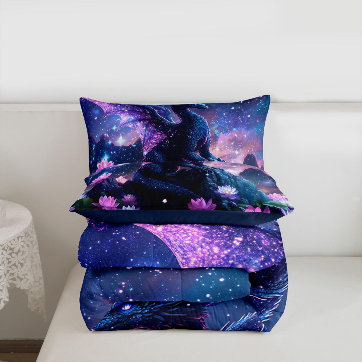 Feelyou Dragon Kids Comforter Set Twin Size Dragon Stuff Bedding Set Wild Life Duvet Quilt for Kids Boys Girls Bedroom Magic Wildlife Decor Blue Purply Ultra Soft Breathable