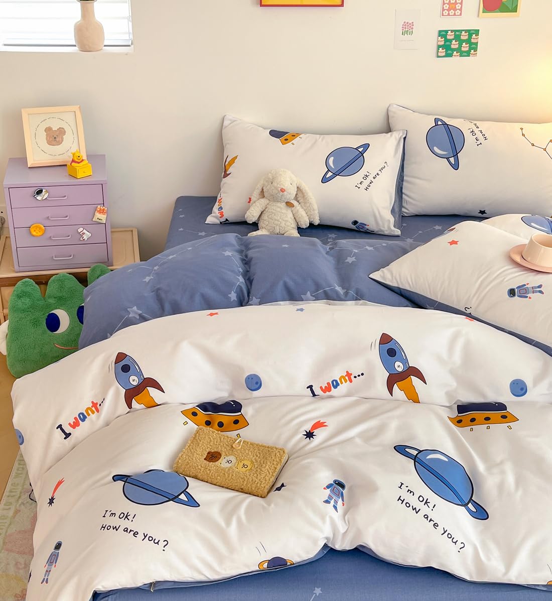 LIWHENHAO Rocket Duvet Cover Set Twin 100% Cotton Bedding Cartoon Astronaut Galaxy Universe Print on White 1 Space Star Comforter Cover Zipper Closure 2 Pillowcases for Kids Girls Boys