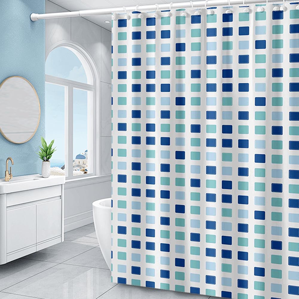 Myratts Plastic Shower Liner - Premium PEVA 4G Shower Curtain Liner with Rustproof Grommets and 3 Weighted Magnets, Waterproof Shower Curtains for Bathroom (Blue-Green Square)