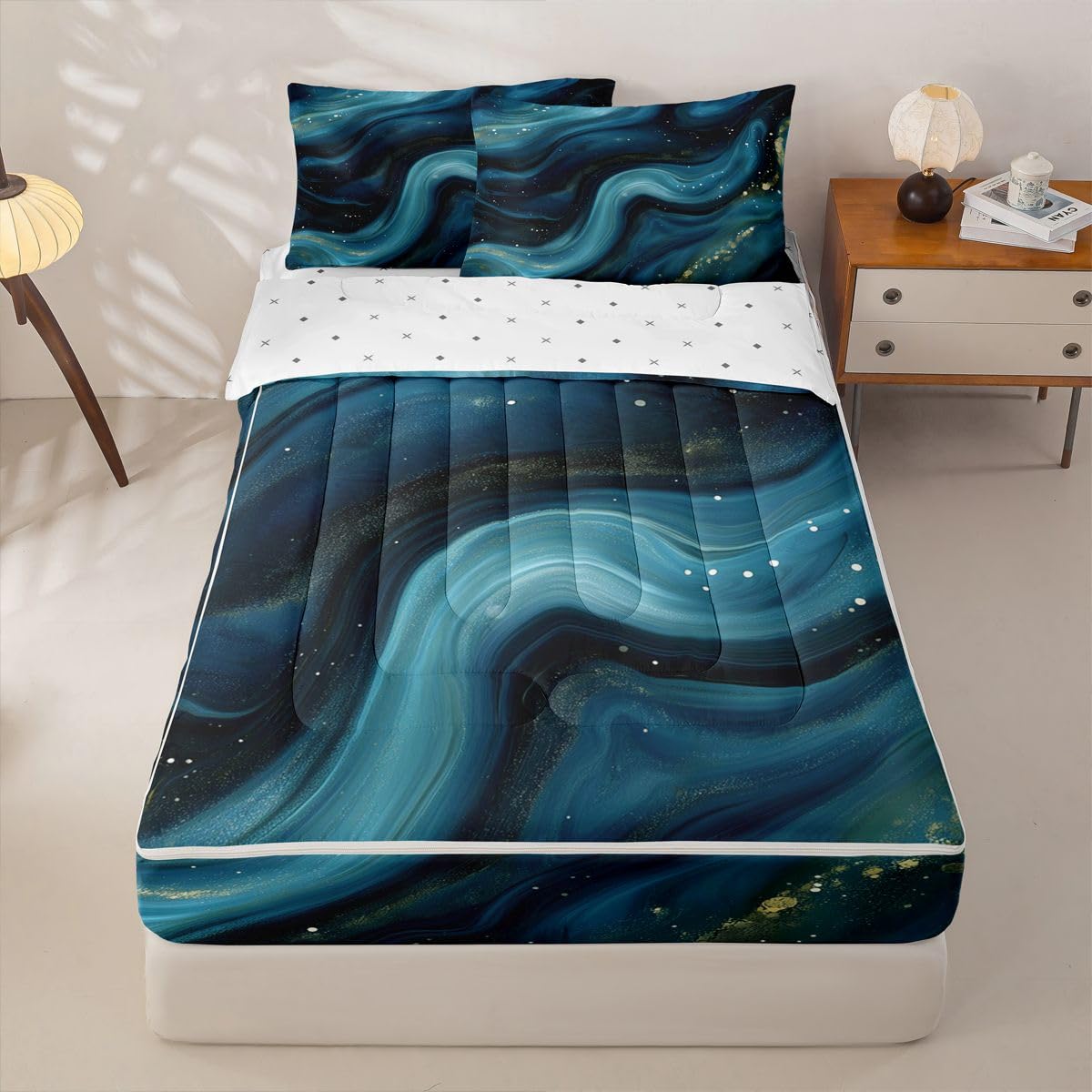 jejeloiu Marble Print Zipper Bedding Sets for Kids Boys Girls Abstract Twin Comforter Set with Fitted Sheet Teal Bedroom Decor Deep Ocean Wave Texture Microfiber with 2 Pillow Cases Luxury