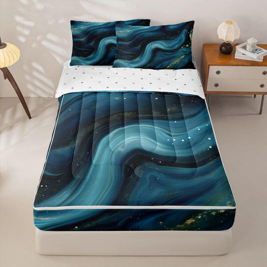 jejeloiu Marble Print Zipper Bedding Sets for Kids Boys Girls Abstract Twin Comforter Set with Fitted Sheet Teal Bedroom Decor Deep Ocean Wave Texture Microfiber with 2 Pillow Cases Luxury