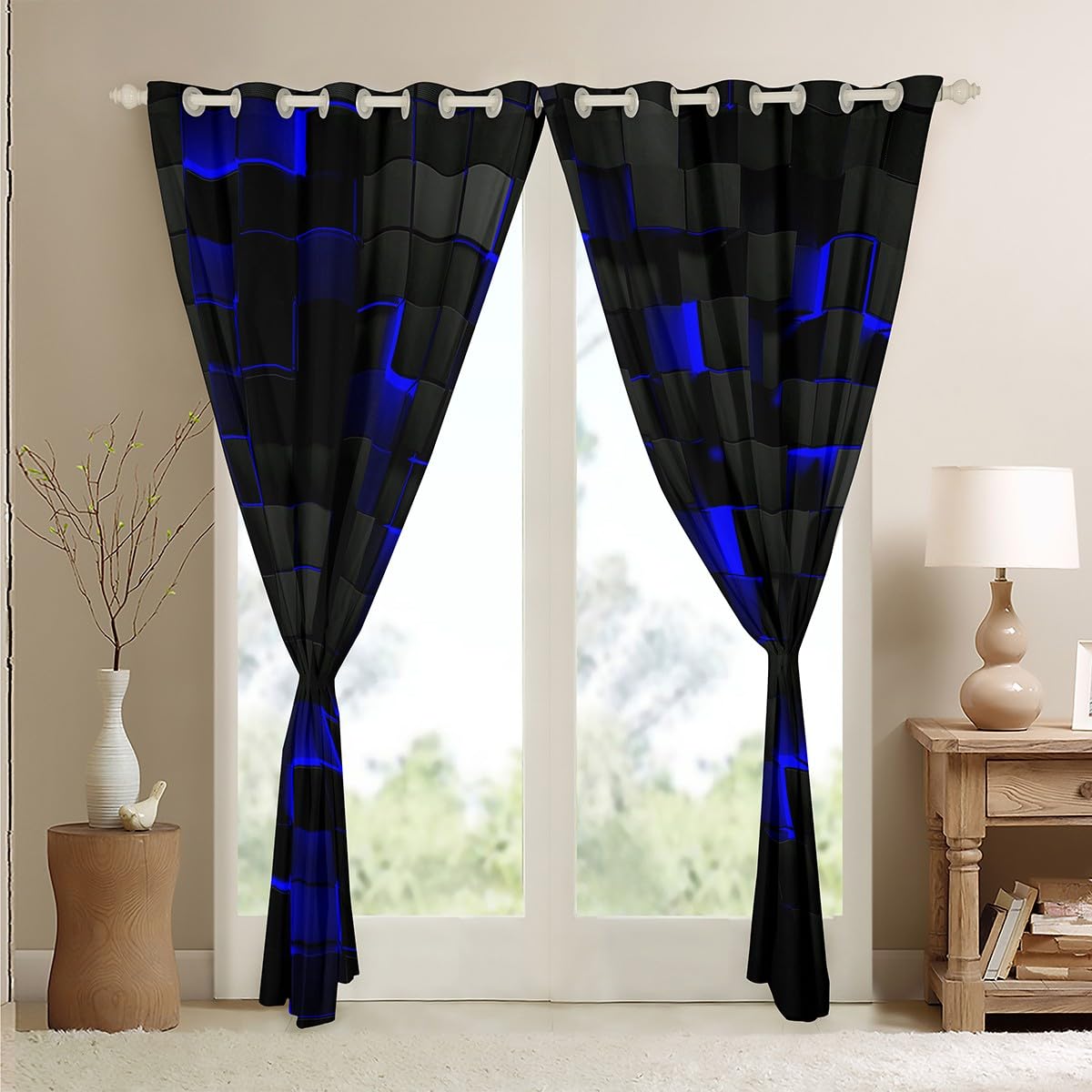 Erosebridal Geometric 50% Blackout Curtains 38" Wx45 L Black Navy Royal Blue Window Curtains for Boys Men Gamer Room Decor,Neon Abstract Stereoscopic Check Grid Plaid Window Drapes 2 Panels