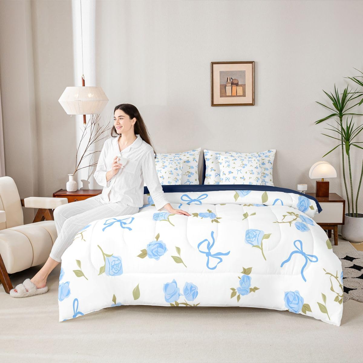 Erosebridal Blue Bow Comforter Set Bow Tie Rose Floral Bed in A Bag Full Size 7 Pieces Girly Bed Set Room Decor Dreamy Kawaii Bedding with Sheets