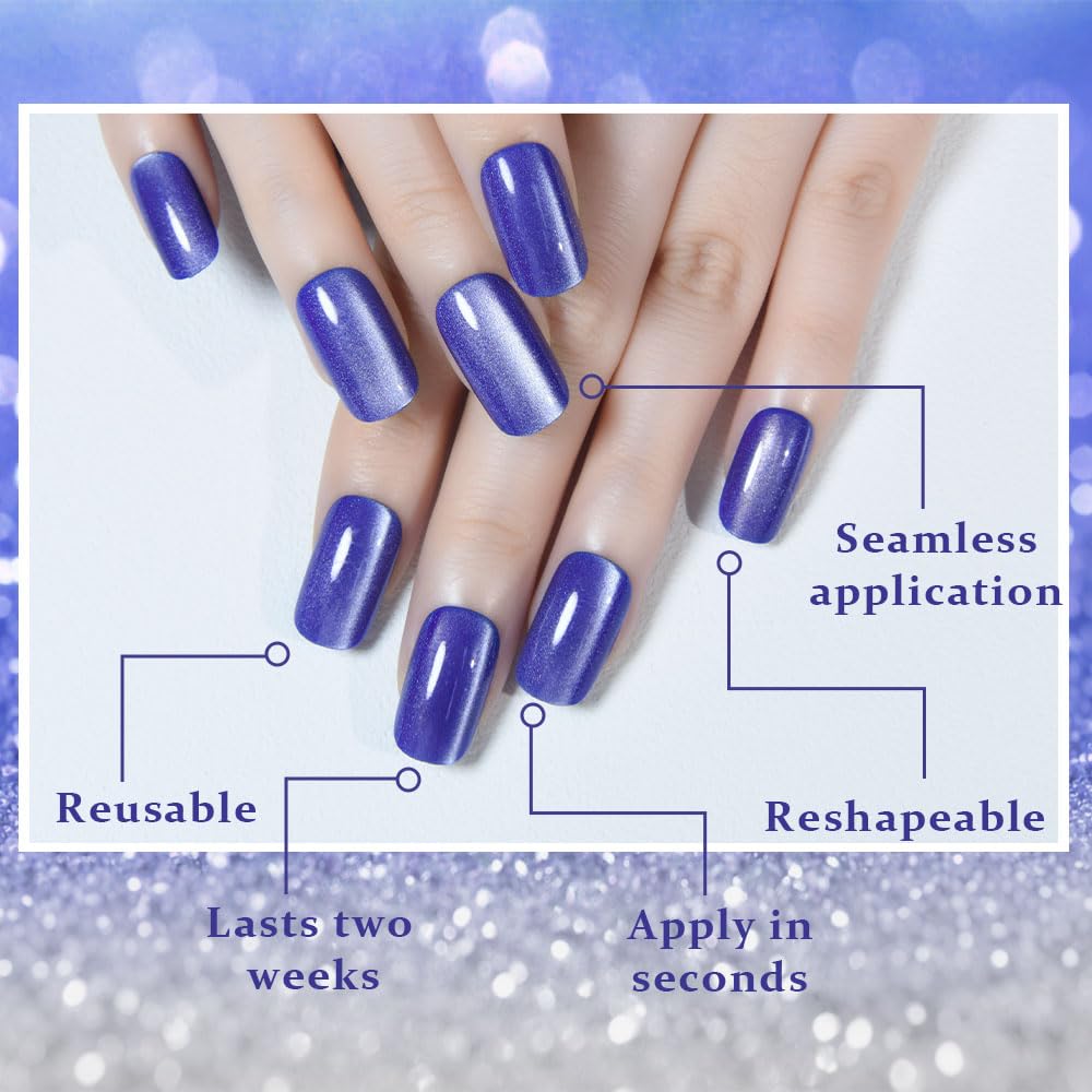 Blue Cat Eye Press on Nails Medium Square, Medium Square Press Stick on Nails Chrome for Women Gift, Blue Holographic Glitter Glossy Reusable Soft Gel Acrylic Fake Nail with Designs Cateye Effect