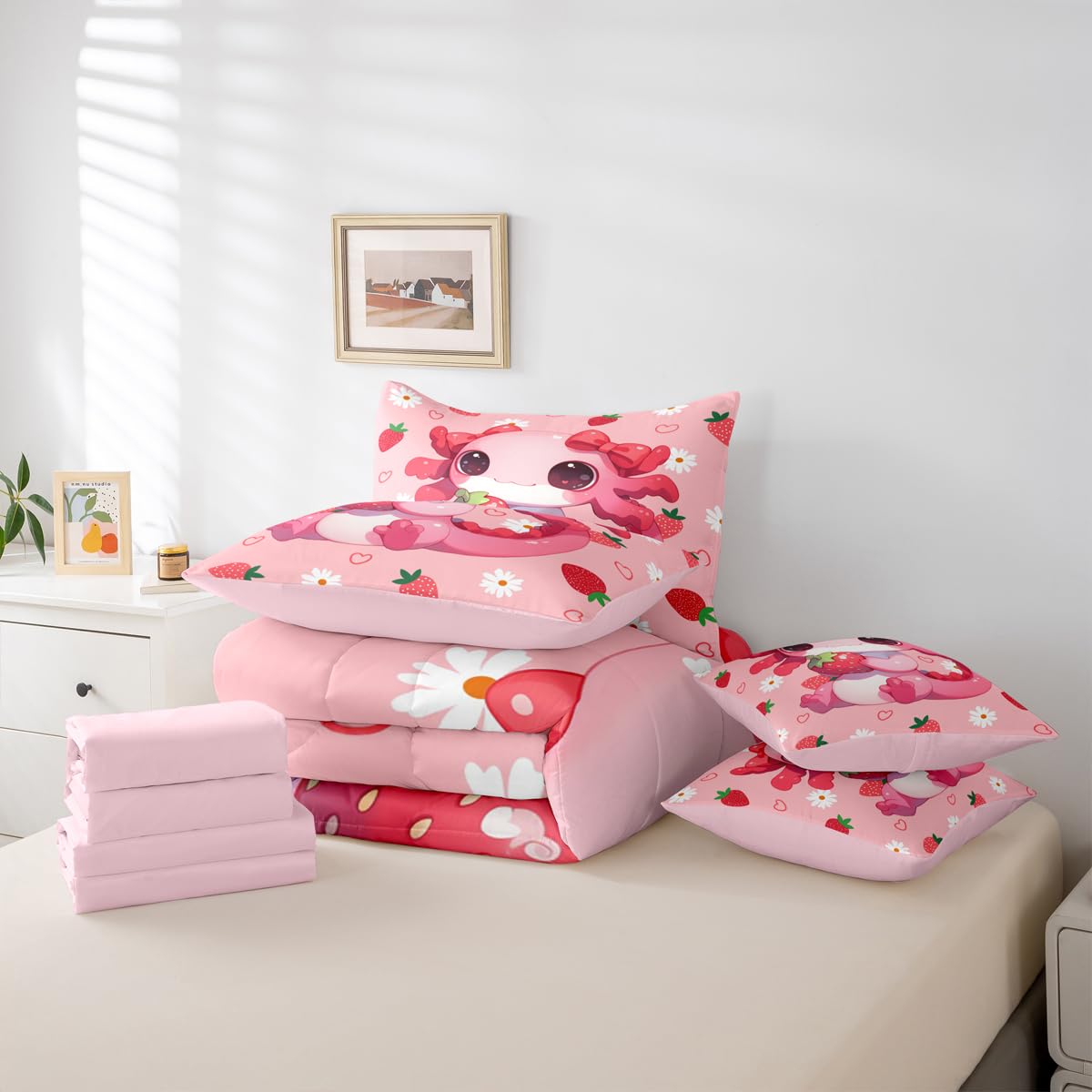 Erosebridal Cute Axolotl 7 Pieces Bedding Set Queen Size for Teen Girl | Pink Strawberry Bed in A Bag Kids Cartoon Daisy Floral Flower Comforter Set with Sheets Kawaii Animal Axolotl Quilt Set