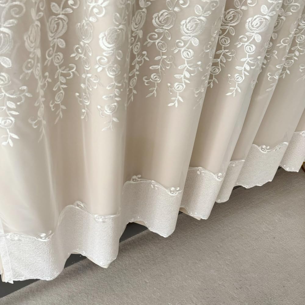 Amidoudou 1 Pair European Double Layer Curtains for Living Room Bedroom Luxury Flower Embroidered Curtains with Valance (Beige,66x96 Inch)
