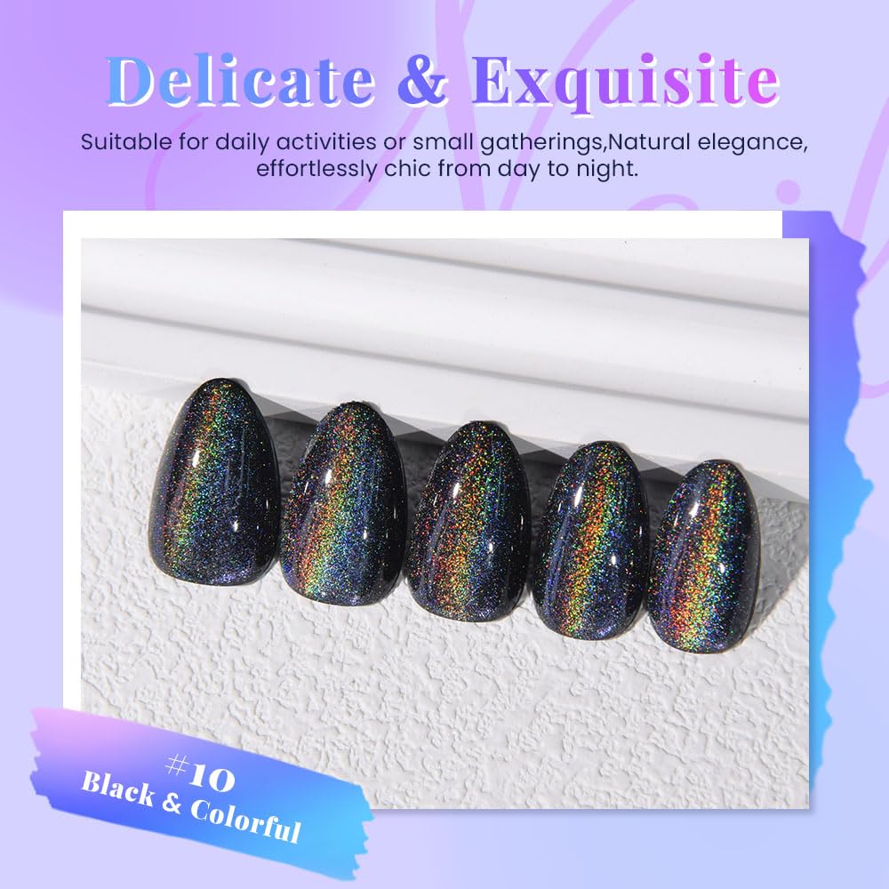 evpct Black Cat Eye Press on Nails Short Almond No Glue, Iridescent Colorful Metallic Glitter Glossy Stick on Nail for Women Gift with Kit, Reusable Full Cover Soft Gel Press on Fake Nail with Design