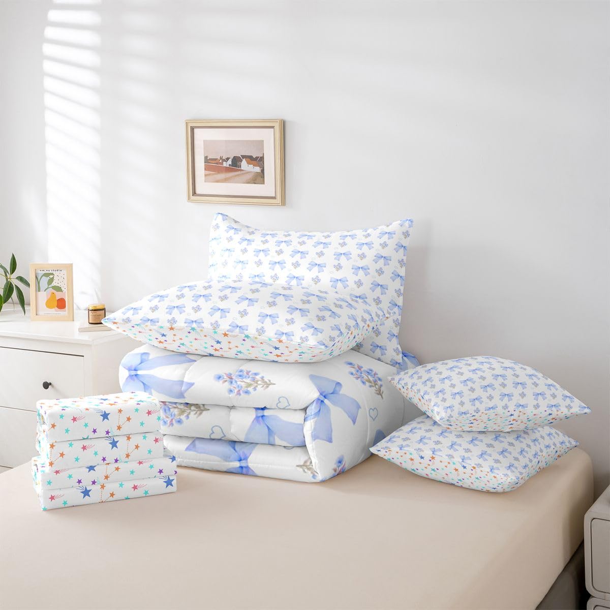 Erosebridal Bow 7 Piece Comforter Set King Bed in a Bag for Girls Kids,Girly Blue Floral Coquette Bedding Sets for Child Bow Knot Ribbon Heart Quilt Dreamy Princess Style Sheet Set with Comforter