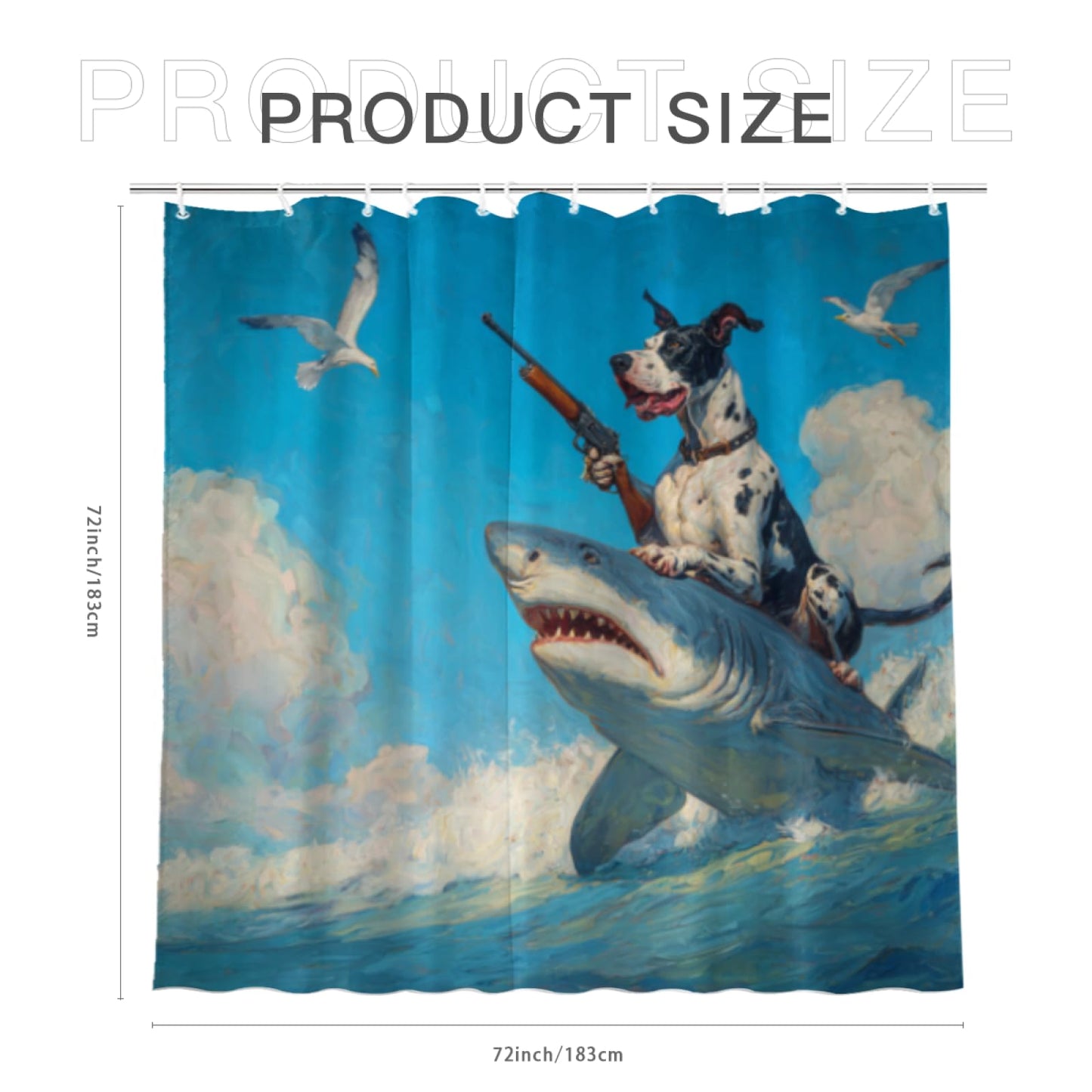 Wordatu Funny Great Dane Riding Shark Shower Curtain Ocean Sea Waves Seagull Animal Surfing for Kids Boy Men Waterproof Fabric Bathroom Decor 72x72 Inch with 12 Hooks