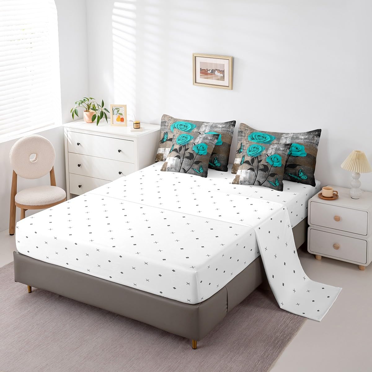 Erosebridal Grey Ombre Comforter Set Queen,Romantic Rose Butterfly Bedding Set,Grunge Watercolor Bed in a Bag,(1 Comforter,2 Pillowcases,1 Flat Sheet,1 Fitted Sheet,2 Throw Pillow Covers)