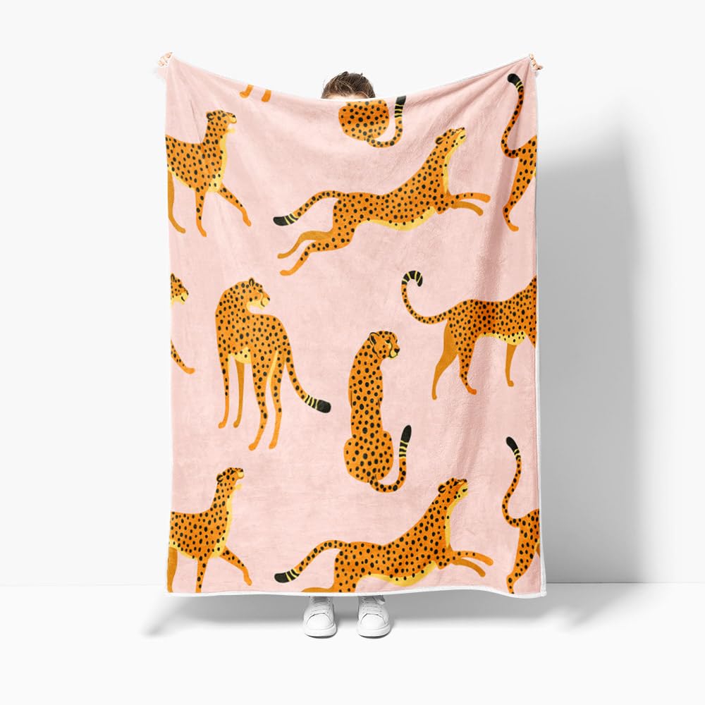 Uokiuki Boho Leopard Throw Blankets, Tropical Animal Cheetah Cozy Warm Bed Couch Blanket, Pink White Fleece Flannel Throws to Decorate the Room and Bedroom