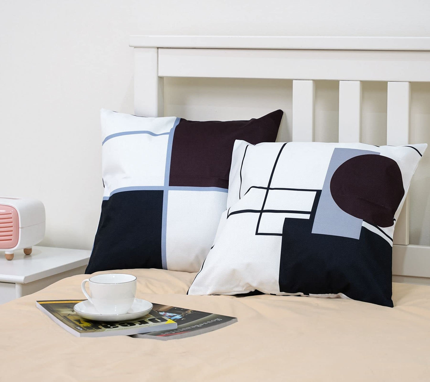 Black Wine Red Geometric Decorative Cushion Pillow Covers Set of 4 20" x 20" Modern Geometric Grey Black and Red Grid Stripe Decor Irregular with Hidden Zipper Home for Couch Bed