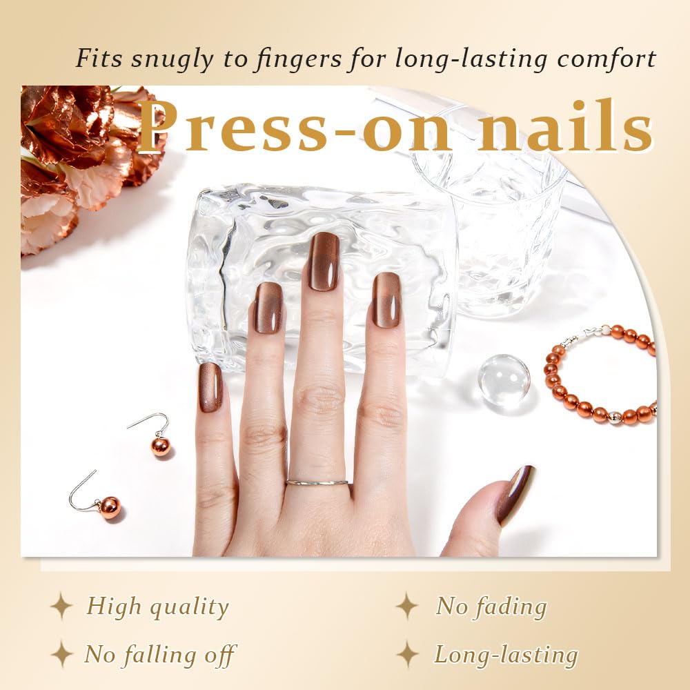Nude Brown Cat Eye Press on Nails Medium Square, Medium Square Press Stick on Nails Chrome for Women Gift, Brown Holographic Glitter Glossy Reusable Soft Acrylic Fake Nail with Design Cateye Effect