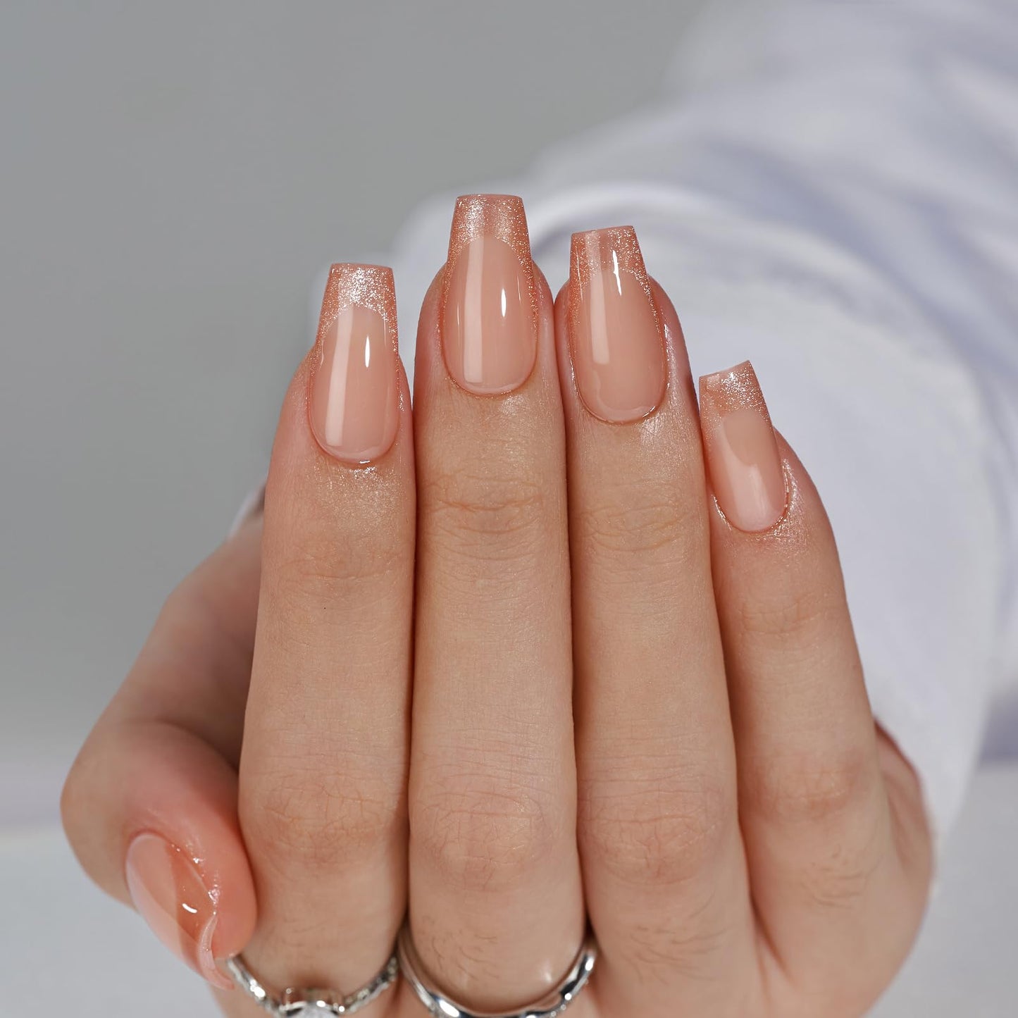 BTArtbox Press on Nails Coffin - Gold Rose French Tips Press On Nails Short for Women, Cat Eye Nail Tips, Glitter Fake Nails with Glue, Glue On Nails in 16 Sizes - 32 Nail Kit, Gold Dust