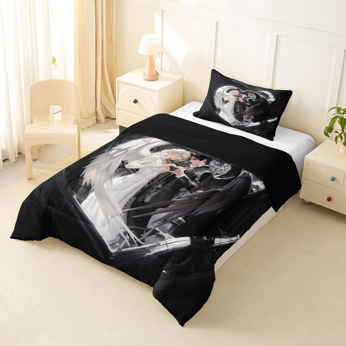 Erosebridal Angel Wings Kids Bedding | Black and White Angel Twin Comforter Sets,Romance Love Comforter Princess Fairy Style Duvet Insert with 1 Pillow Case