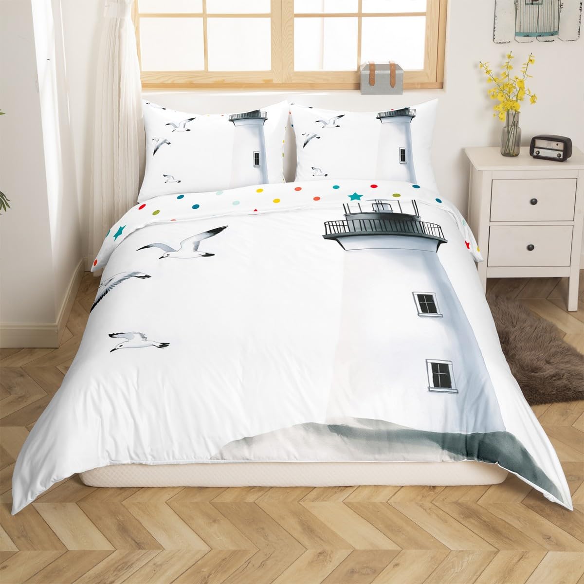 Erosebridal Lighthouse Bedding Set Full Size Nautical Duvet Cover Seagull Comforter Cover Sea Landscape Print Quilt Cover Bedroom Decorative for Kids Boys Girls Teens Adult