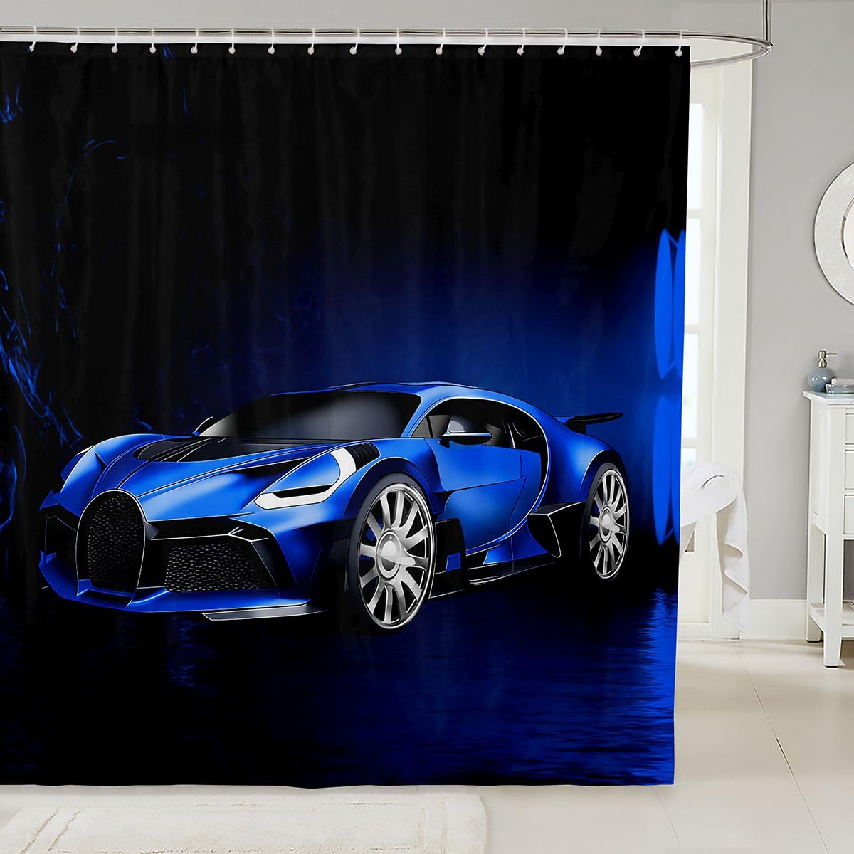 Feelyou Sports Car Shower Curtain Blue Race Car Fabric Shower Curtains Kids Boys Extreme Sports Bathroom Waterproof Accessories with 12 Hooks Cool Decor Curtains,72x72 Inches