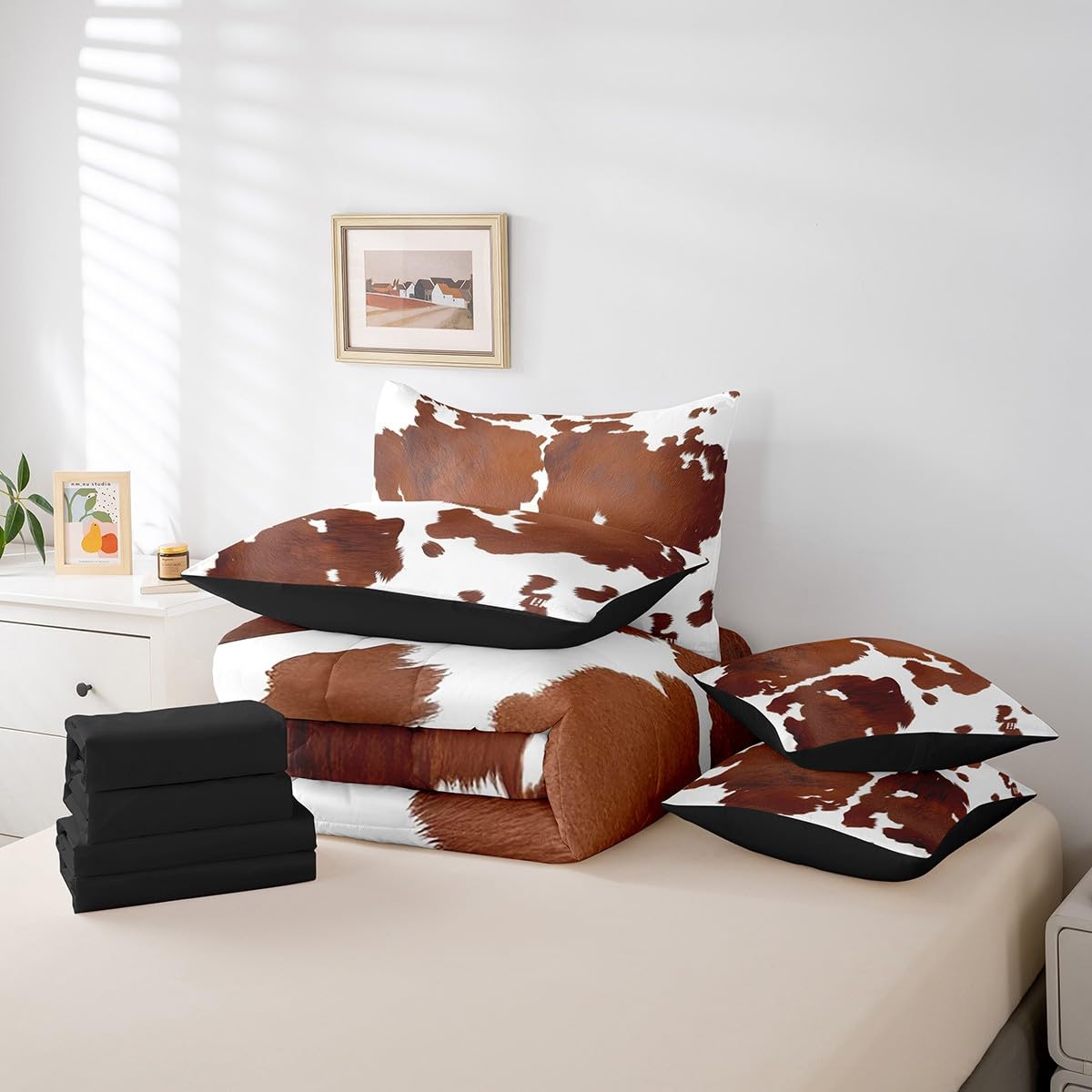Erosebridal Brown Cowhide King Bedding Set 7 Piece for Boys Cute Cow Print Bed in A Bag for Kids Teens Youth Adult Western Animal Hair Comforter Set with Sheetrustic Farmhouse Bed Sets