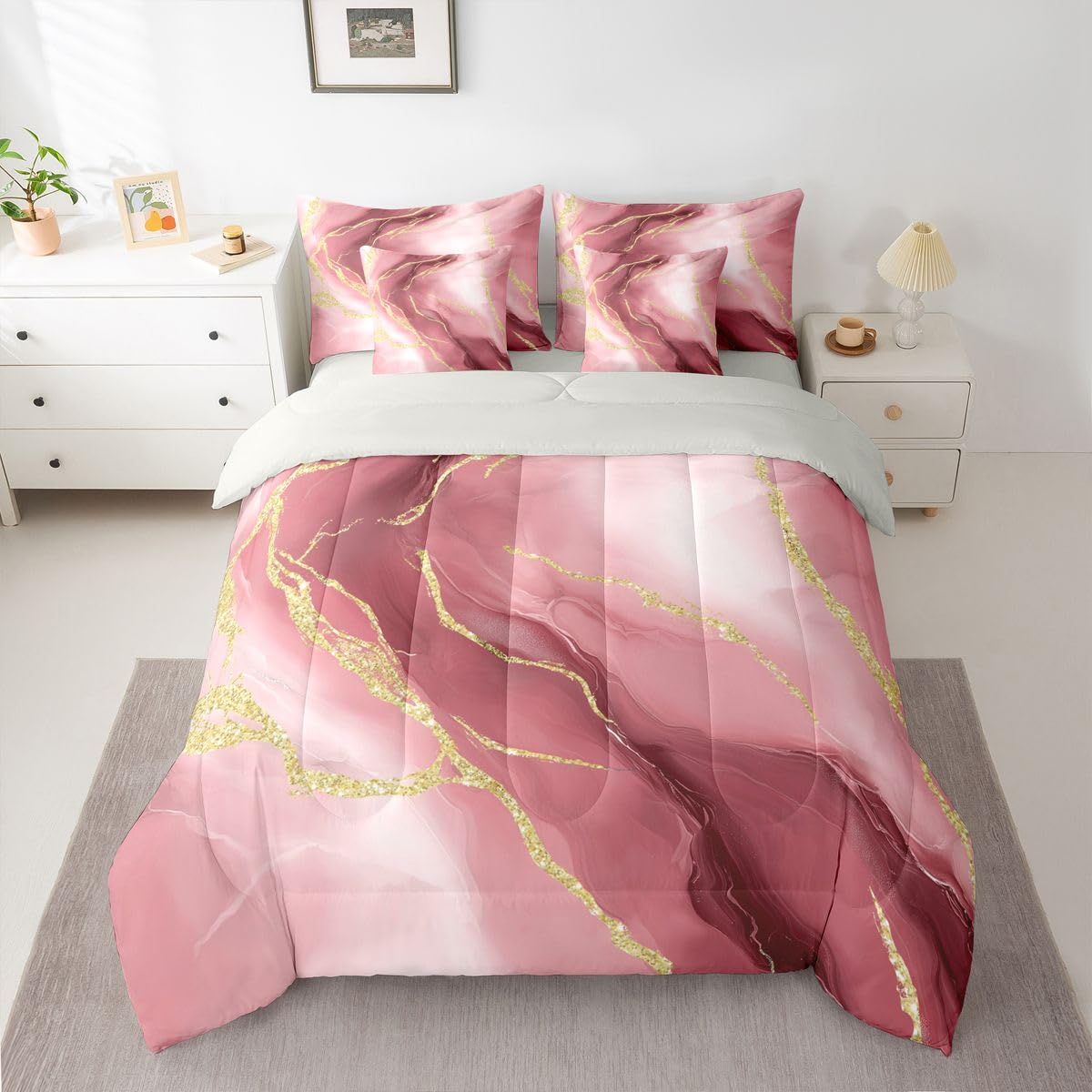 Erosebridal Burgundy Marble Bedding Set King Gradient Texture Marbling Comforter Set 7 Piece Modern Watercolor Aesthetics Bed in A Bag Gold Abstract Luxury Metallic Fluid Quilt with Flat Fitted Sheet