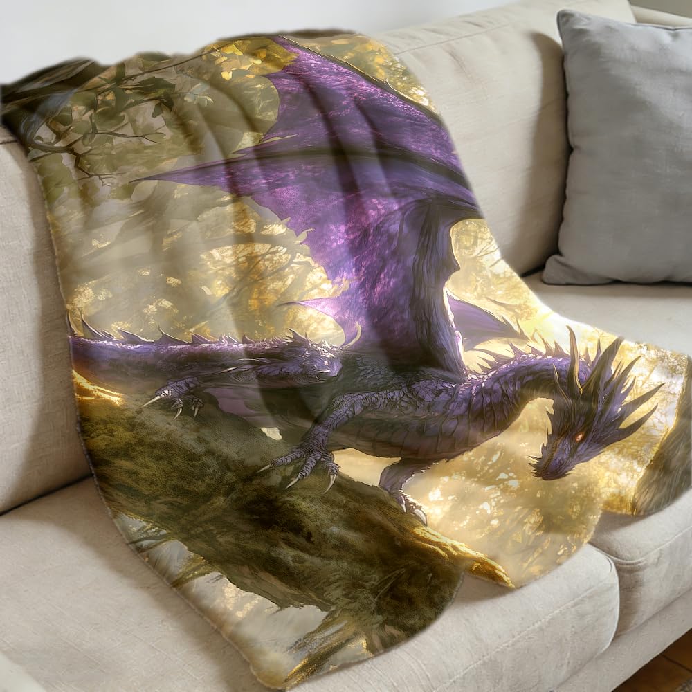ZHOUSHUTONG Fantasy Purple Dragon Flannel Throw Blanket, Cozy Warm Lightweight Fuzzy Soft Dark Magical Dragon Flannel Blanket for Couch Bed Sofa Adults 49"x59"