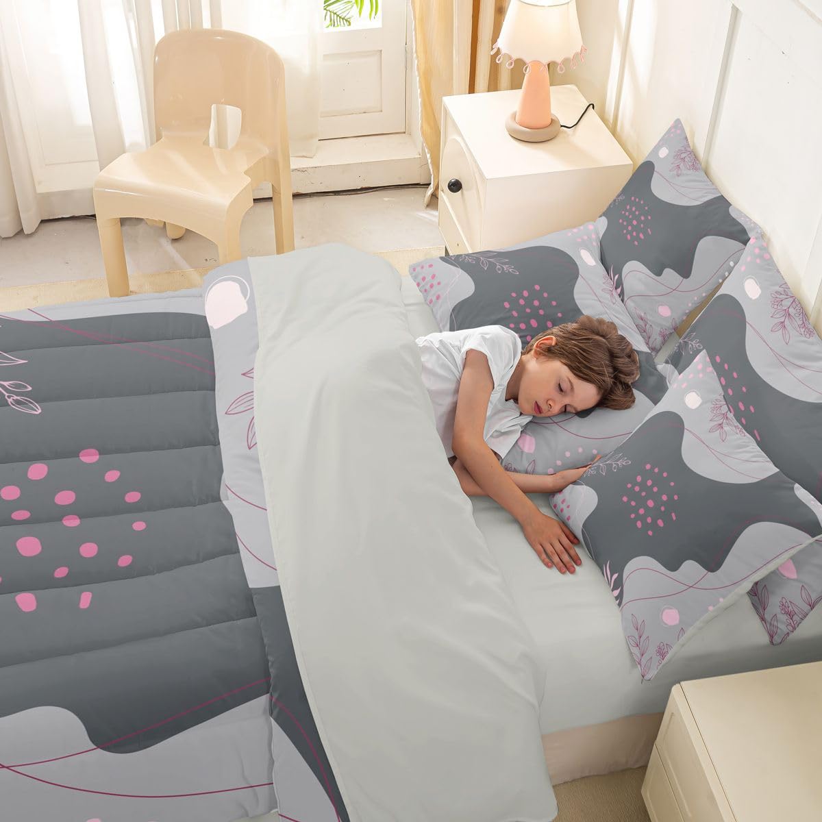 Erosebridal Grey and Pink Twin Comforter Set with Sheets Boho Mid Century 7 Piece Bedding Set Modern Abstract Bed in a Bag, Geometric Lines Room Decor