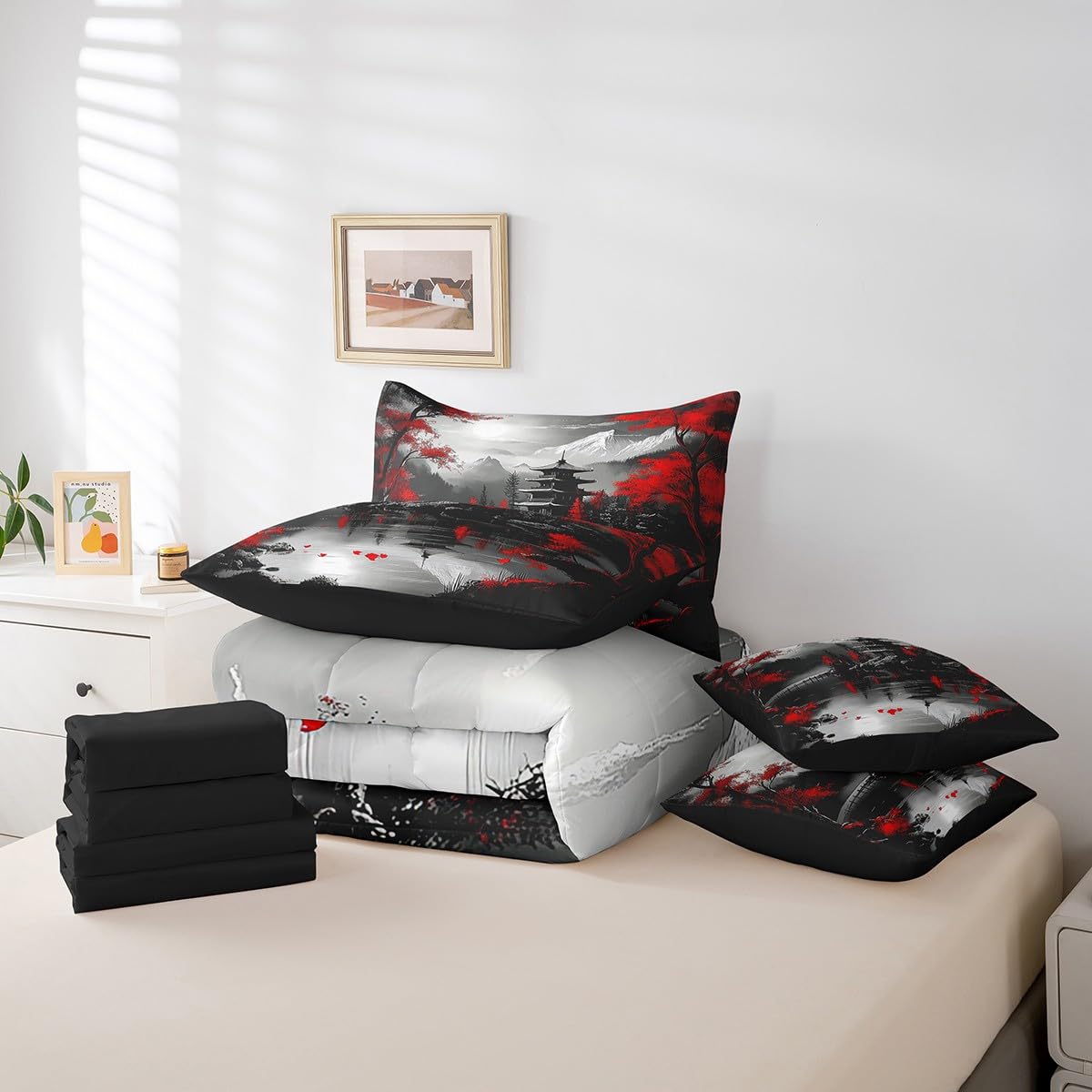 Erosebridal Japanese Style Queen Bedding Set 7 Piece,Cherry Blossom Comforter Set with Sheets,Red and Black Oriental Bed Set Vintage Mountain Scene Bed in a Bag with Fitted+Flat Sheet,Pillowcases