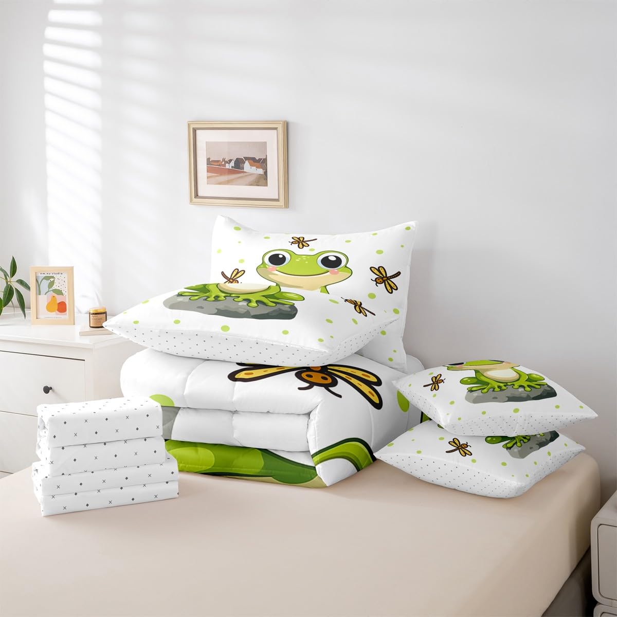 Erosebridal Kids Cartoon Frog 7 Piece Bedding Set Full Dragonfly Comforter Set with Sheets Reptile Animal Bed in A Bag Gray Stone Pattern Bed Sets