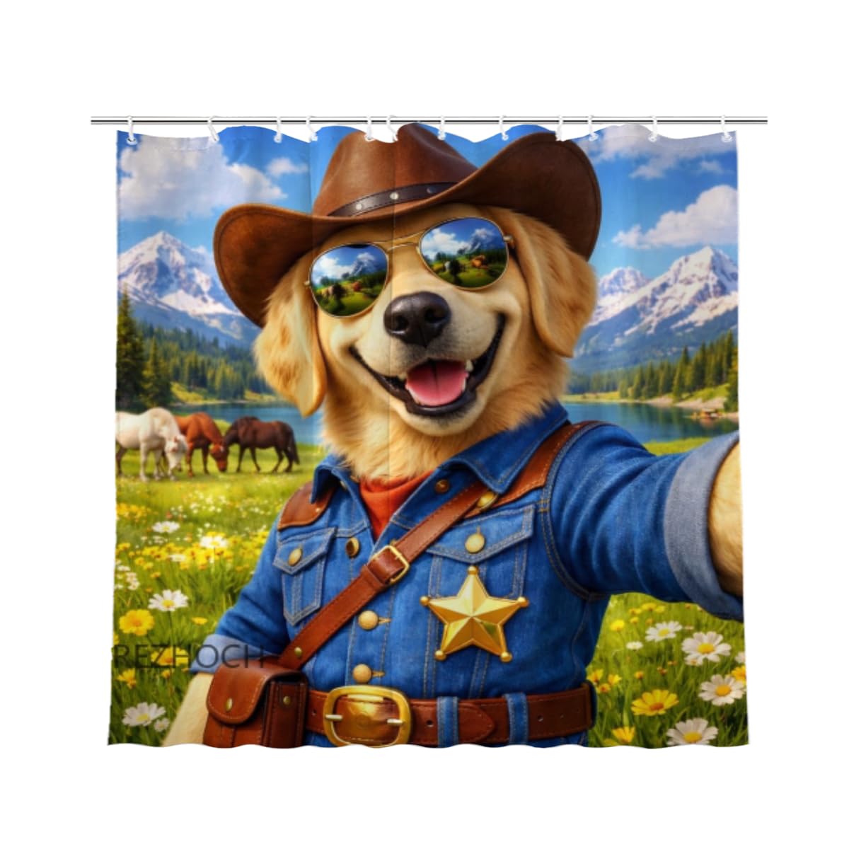 REZHOCH Western Dog Shower Curtain 72x72Inch,Funny Cowboy Golden Retriever Sunglasses Rustic Mountain Lake,Farm Country Animals Meadow,Waterproof Fabric Home Farmhouse Bathroom Decor