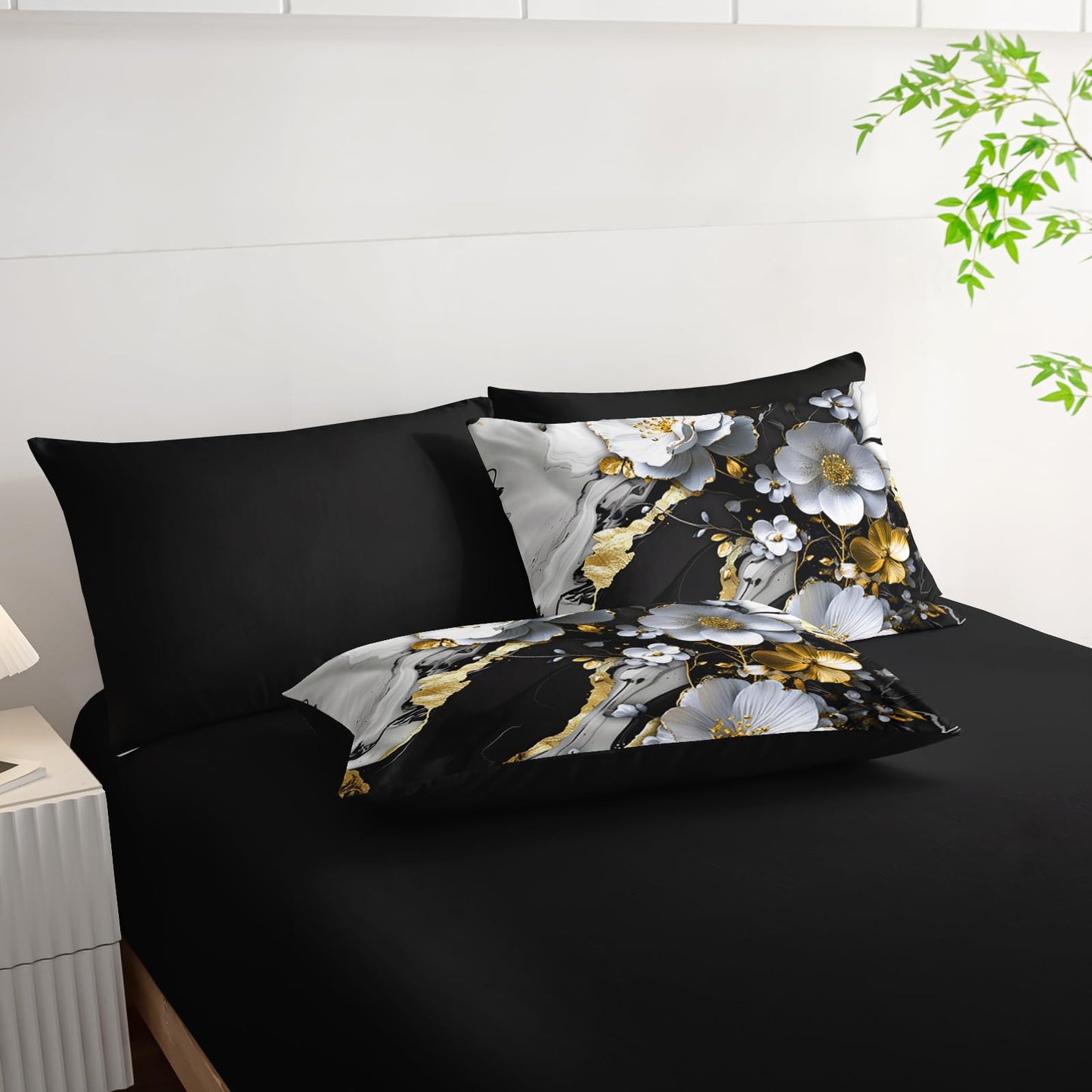 lneffble 7 Piece Marble Floral Comforter Set Queen，Black and White Marble Bedding Set，Black and Gold Marble Bedroom Decor，(1 Comforter, 1 Flat Sheet, 1 Fitted Sheet, 2 Pillowcase and 2 Pillow Sham)