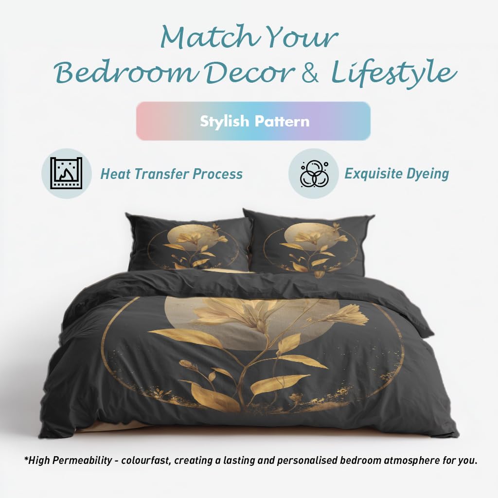 Golden Floral Moon Full Duvet Cover Set 3 Piece, Black Flower Reversible Bedding with 2 Pillow Shams, Zipper & Ties, Ultra Soft Microfiber, Floral Bedroom Decorations 69A-R