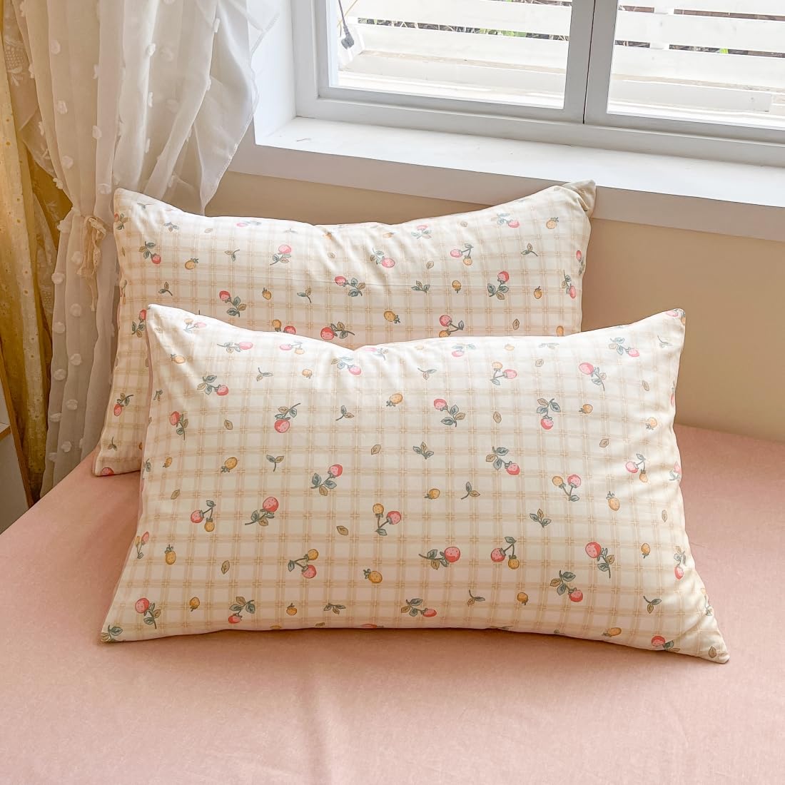 LIWHENHAO Strawberry Duvet Cover Set Twin 100% Cotton Bedding Red Yellow Fruit Floral Flower on Cream White 1 Plaid Grid Comforter Cover Zipper Closure 2 Pillowcases for Kids Girls Boys