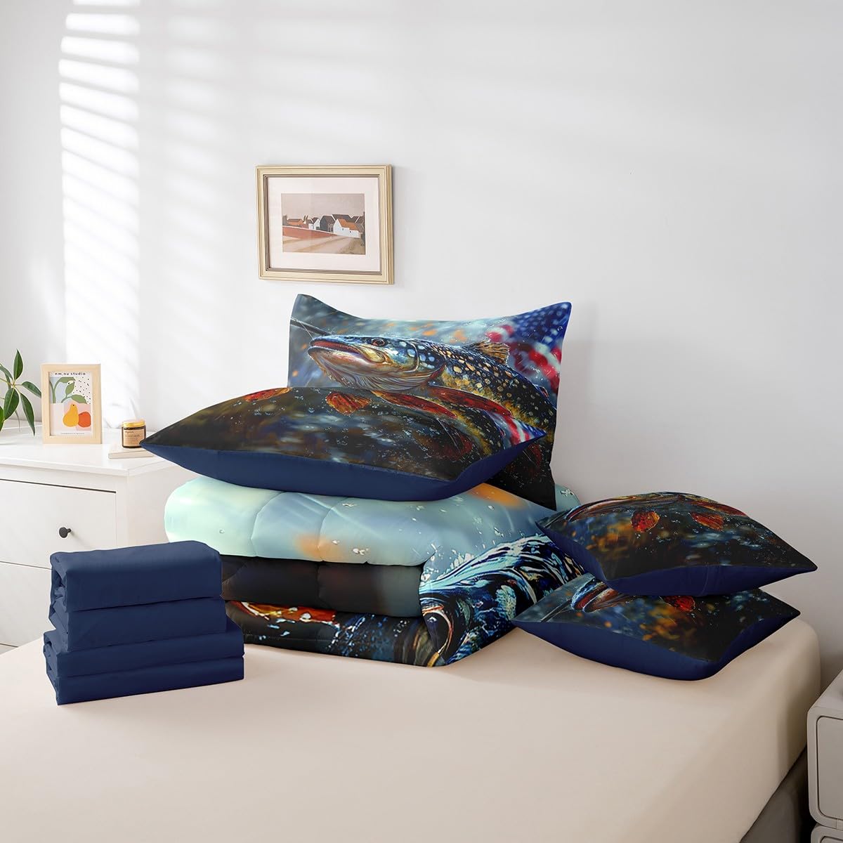 Erosebridal 3D Underwater World 7 Pcs Comforter Set Queen Size,Fish Sealife Bed in a Bag with Flat Sheet and Fitted Sheet for Kids Teens Adult,Tropical Bedding Set with Pillowcase and Sham Reversible