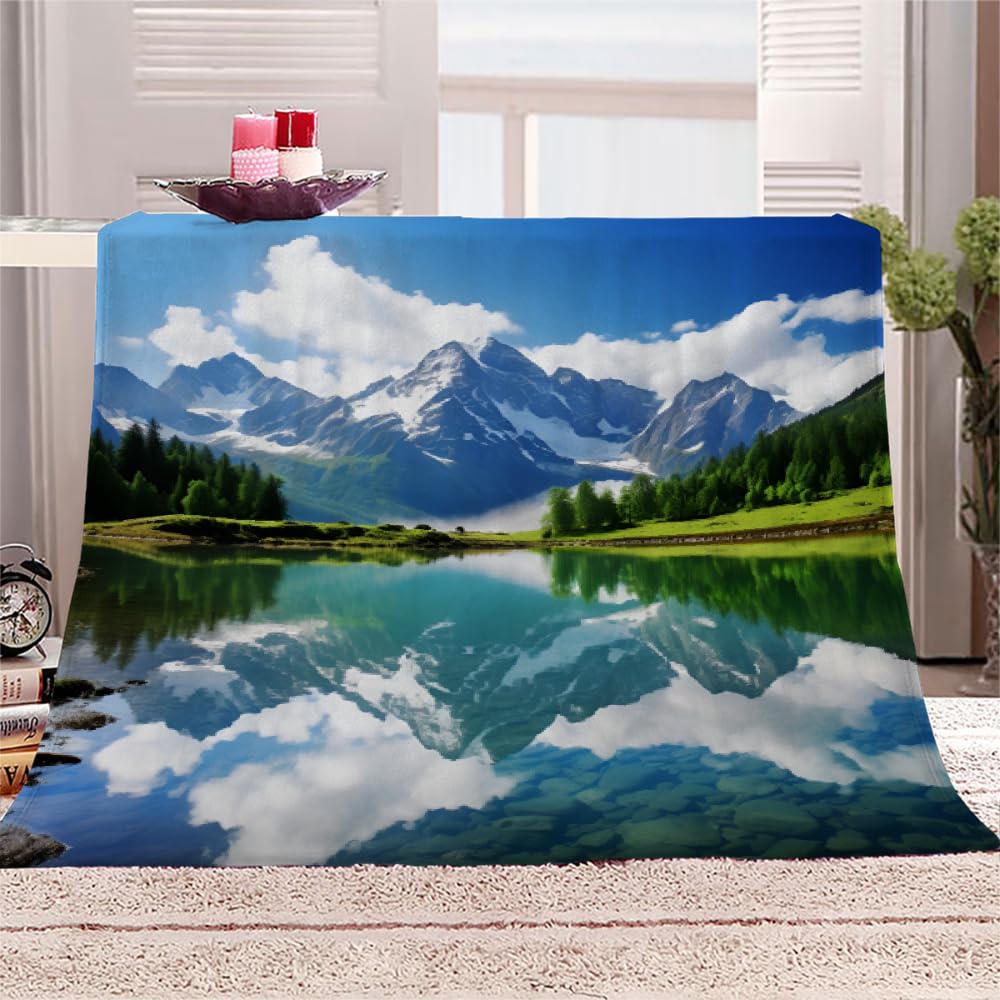 PAOABIU Alps Mountain Blanket Throw, Idyllic Summer Throw Blanket for Couch, Clear Lake Breathable Warm Bed Throw, Natural Landscape Lightweight Fleece Blanket Kids 30"x 40" Camping & Travel Blanket