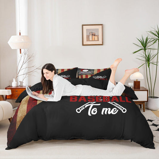 Baseball Boys Duvet Cover Set King Size,American USA Flag Retro Bedding Set,Kids Girls Adults Bedroom Decor,Baseball Bats Sport Games Comforter Cover,Black Splicing Quilt Cover,3pcs,2 Pillowcases